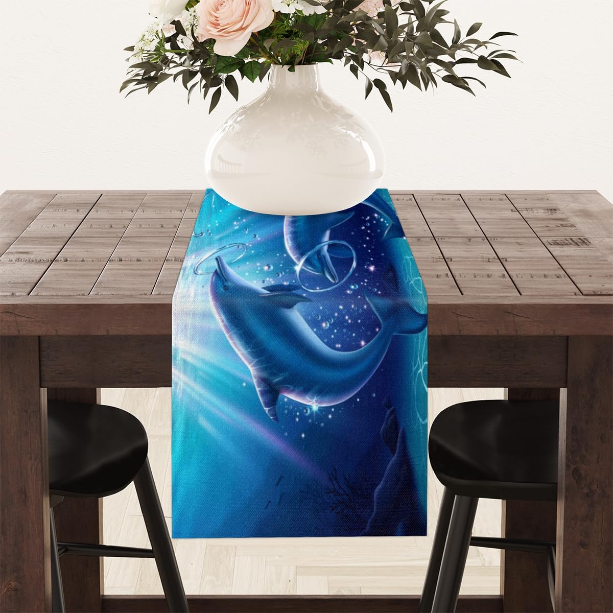 Camino de mesa con delfines de animales marinos del océano, mantel de lino rústico para cocina de granja, cena, eventos, fiesta, decoración de mesa