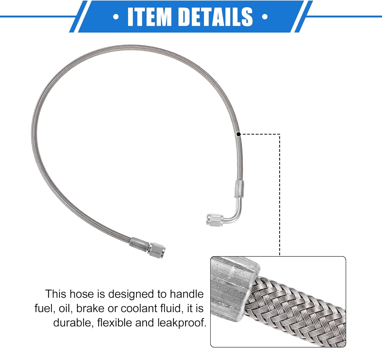 AN3 – Línea de alimentación de aceite turbo de acero trenzado de 90 grados a extremo de manguera recto, turbocompresor remoto de 24 pulgadas, línea