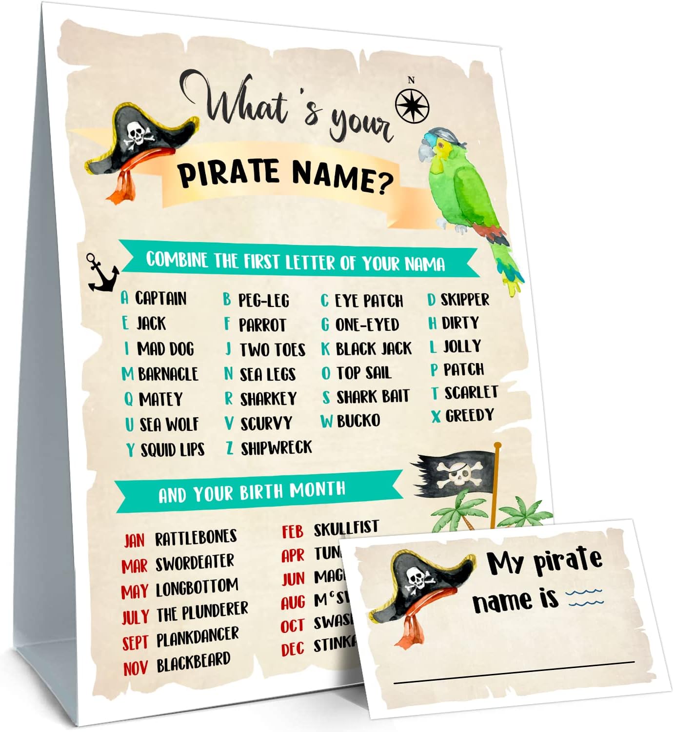 What is Your Pirate Name Game – Tarjetas de actividad pirata, ideas de suministros de decoración, letrero de fiesta de cumpleaños pirata para niños,