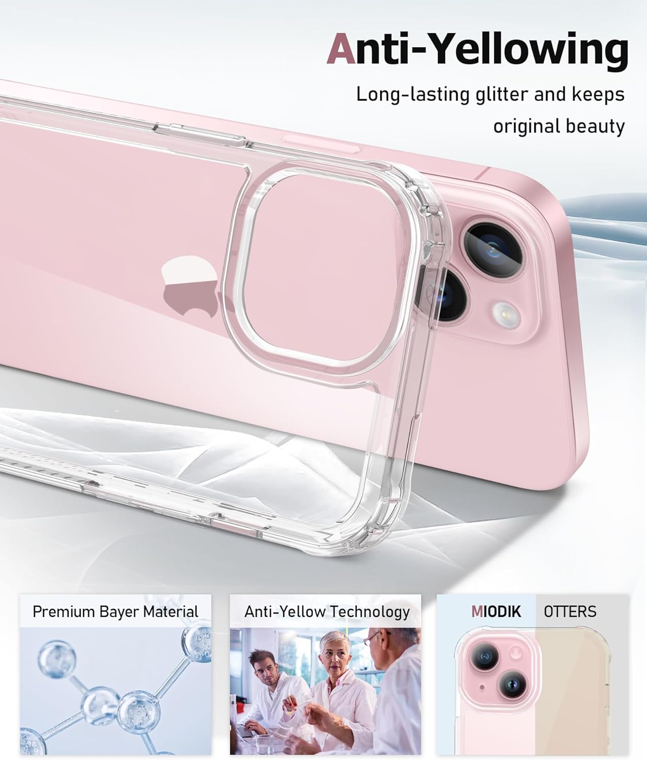 MIODIK Funda compatible con iPhone 15 Plus con 2 protectores de pantalla + 2 protectores de lente de cámara, no amarillenta funda transparente con