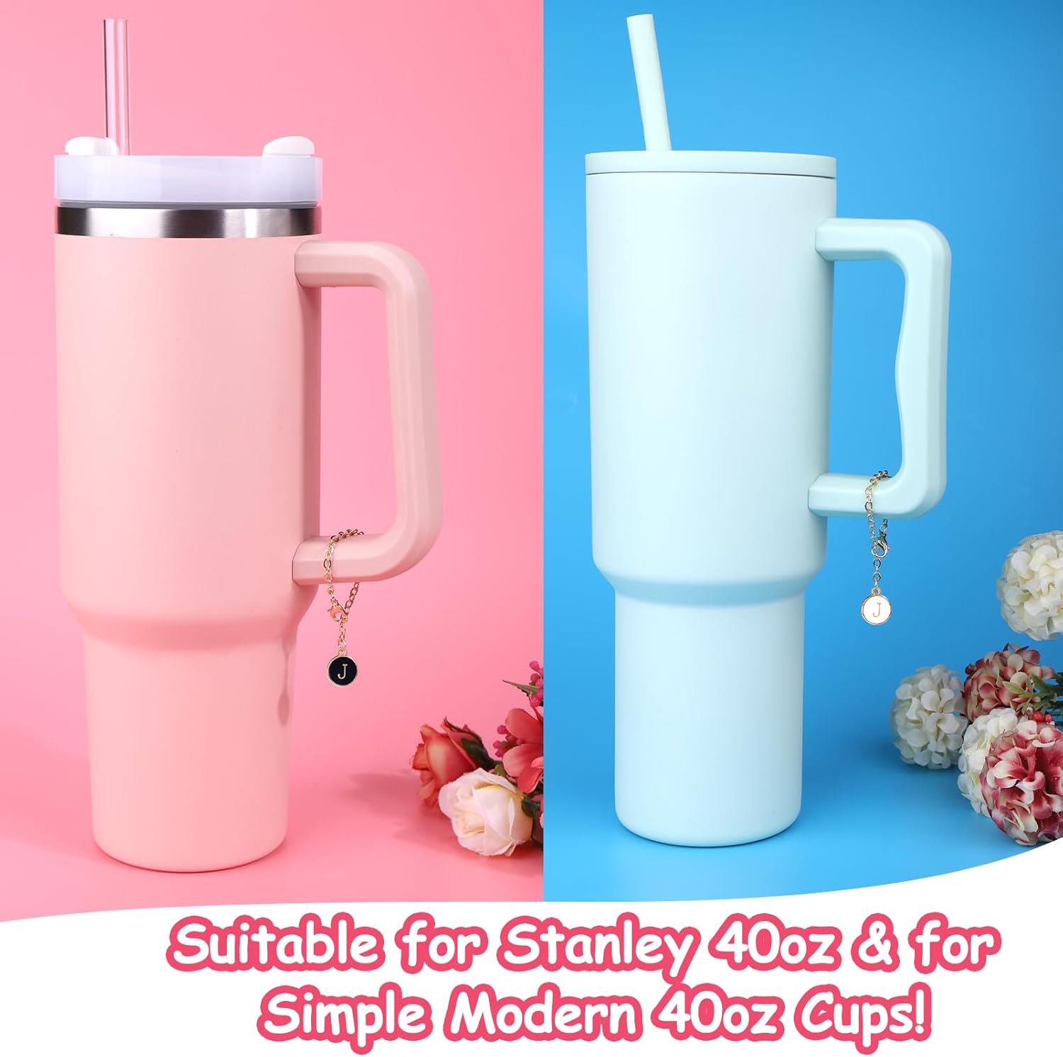 AIERSA 2 dijes para vasos Stanley, accesorios para mango de vaso Stanley de 40 onzas y 30 onzas, etiqueta con nombre, accesorios para botellas de