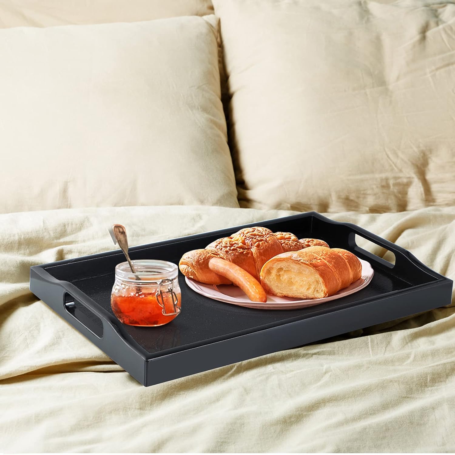 Juego de 3 bandejas de plástico para servir, bandeja otomana con asas recortadas, bandeja rectangular para mayordomo para desayuno en la cama, mesa