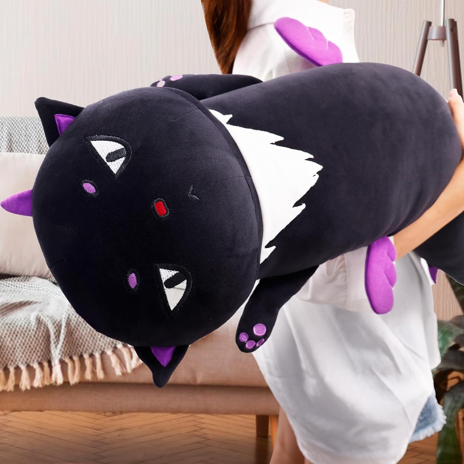 Almohada larga de peluche de gato negro, 27.6 pulgadas, lindos animales de peluche suaves, almohada de felpa de gatito, juguete de regalo para el