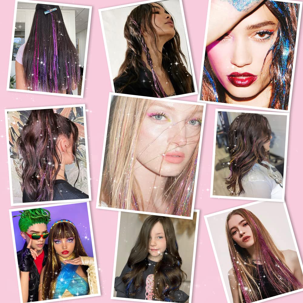 Paquete de 12 extensiones de cabello de oropel con clip de 20 pulgadas, extensiones de cabello de oropel con purpurina colorida para fiesta,