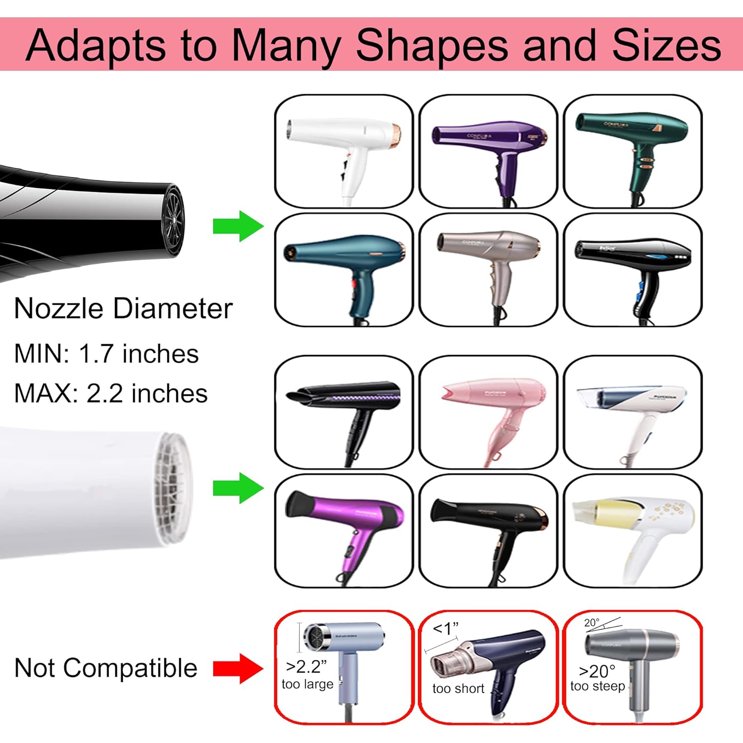 Difusor universal de pelo adaptable para secador de pelo para boquillas de secador de pelo de 1.7 a 2.2 pulgadas de diámetro (negro)