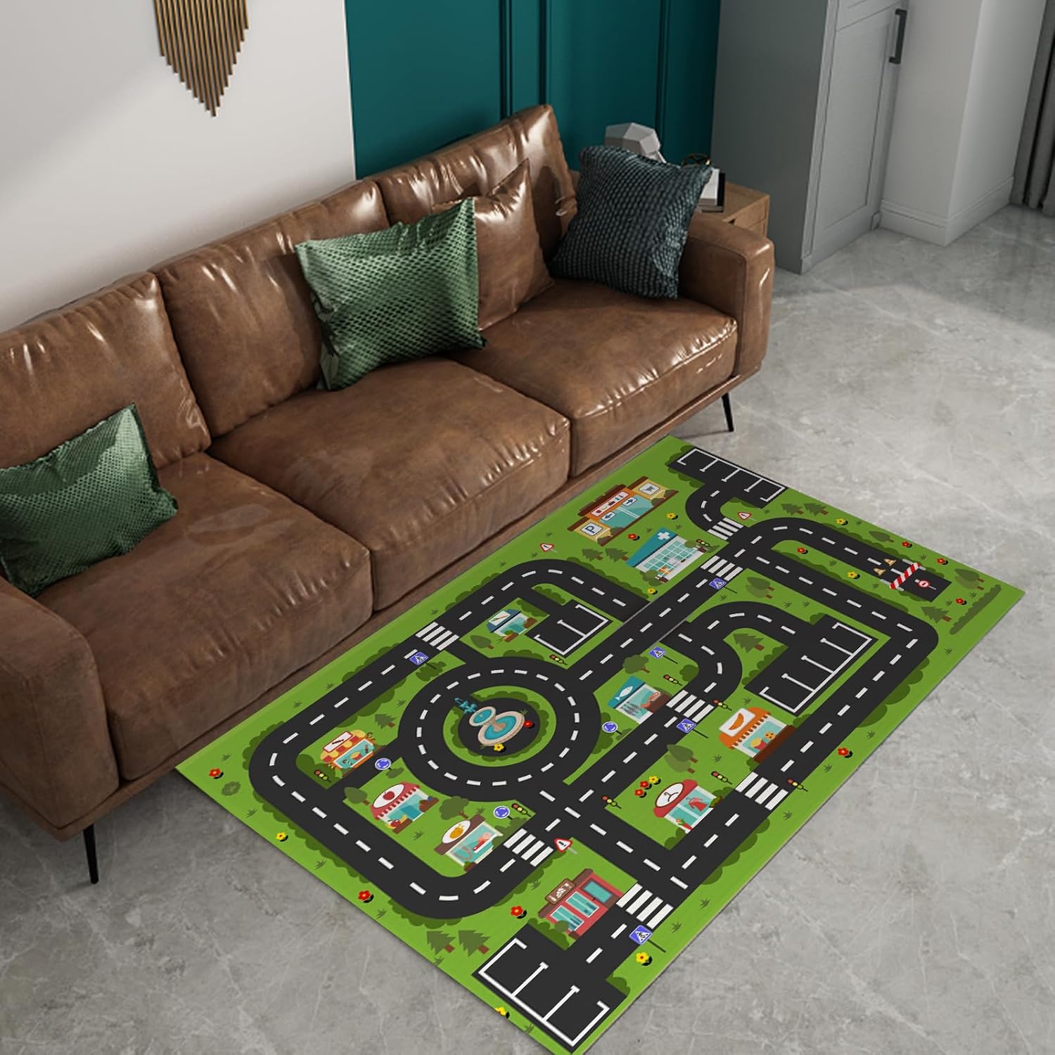 Analog ABC – Alfombra para niños, alfombra de juego para sala de juegos, alfombra de carretera de vida urbana para autos, divertido mapa de la