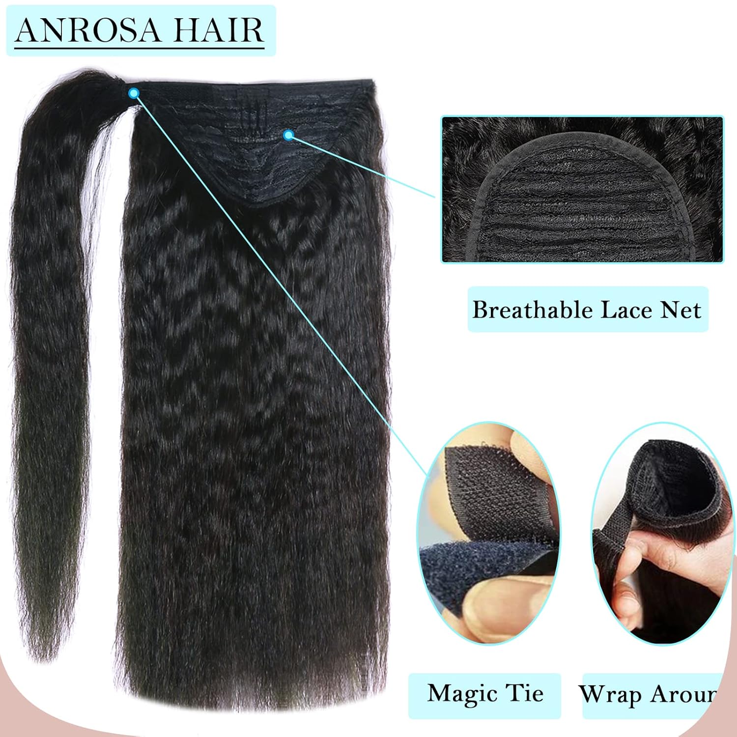 Anrosa Cola de caballo de cabello humano rizado lacio para mujeres negras, cinta mágica 100% Remy, extensiones de cabello humano brasileño ondulado,