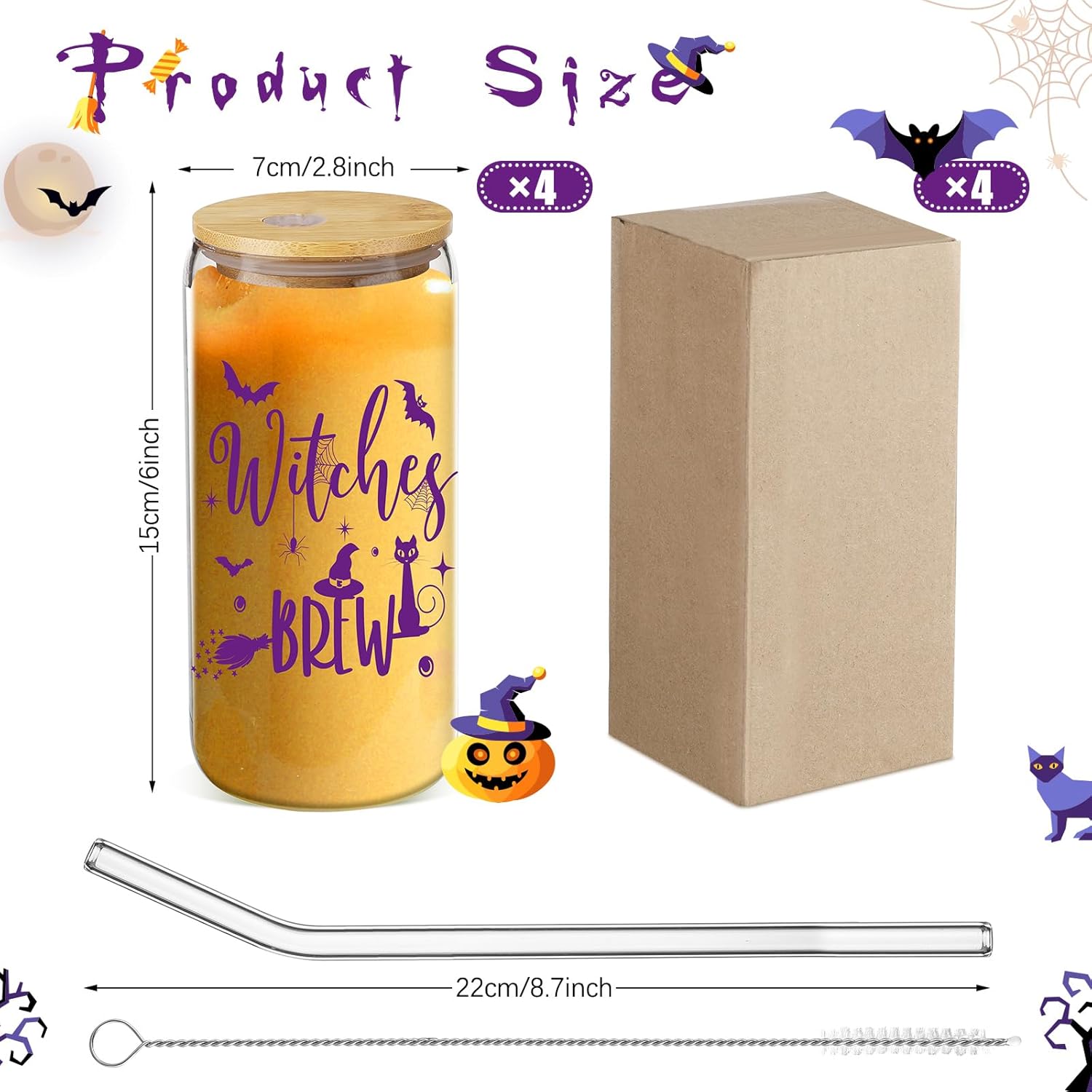 Paquete de 4 vasos de vidrio de Halloween de 16 onzas, tazas de Halloween, tarros de calabaza fantasma con tapas y pajitas, vasos con forma de lata
