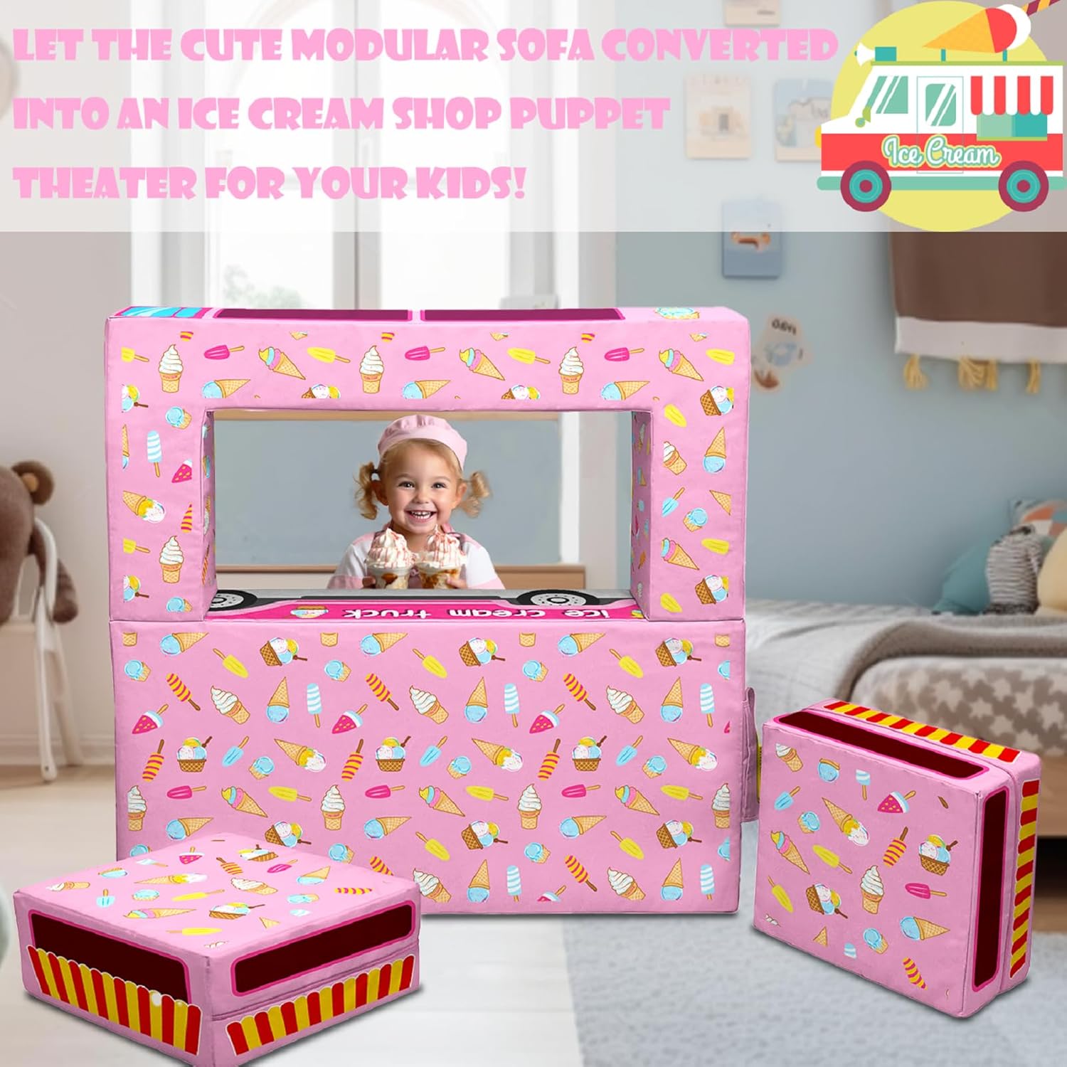 Sofá modular para niños, sofá modular para dormitorio, sala de juegos, sofá plegable para niño y niña imaginativo, sofá convertible con fundas