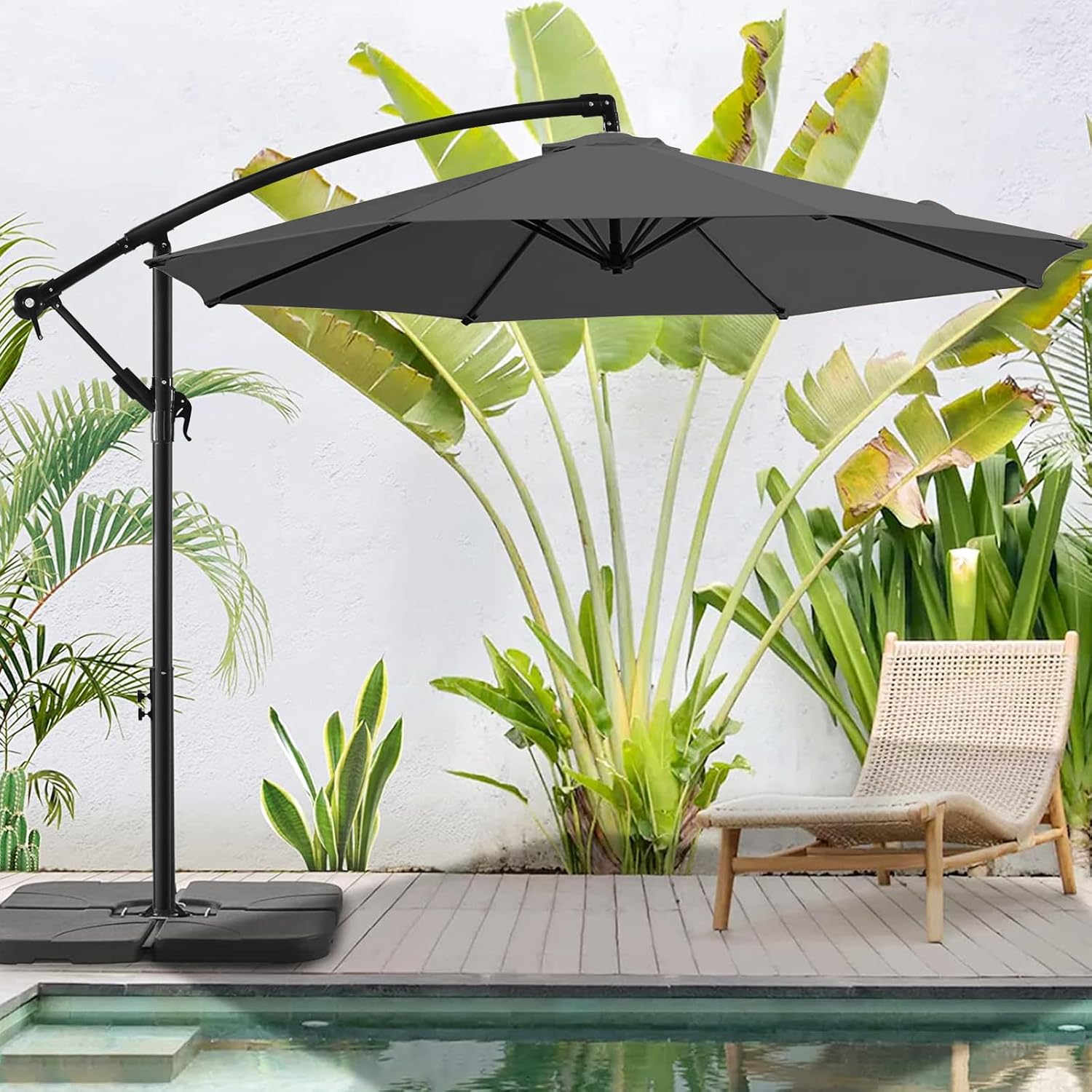 BLUU Sombrilla de patio de 10 pies para exteriores, sombrilla voladiza colgante, manivela y base cruzada resistente a la decoloración (gris, 10 pies)