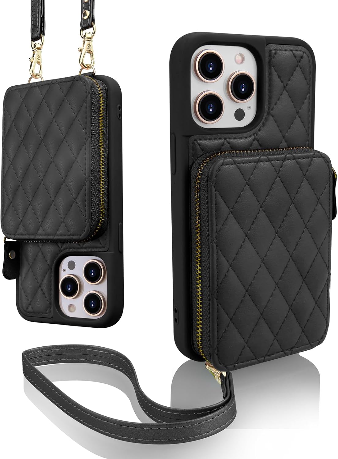 Funda tipo cartera cruzada compatible con iPhone 15 Pro Max con correa de bloqueo RFID, cierre de cremallera, funda de cuero acolchada para
