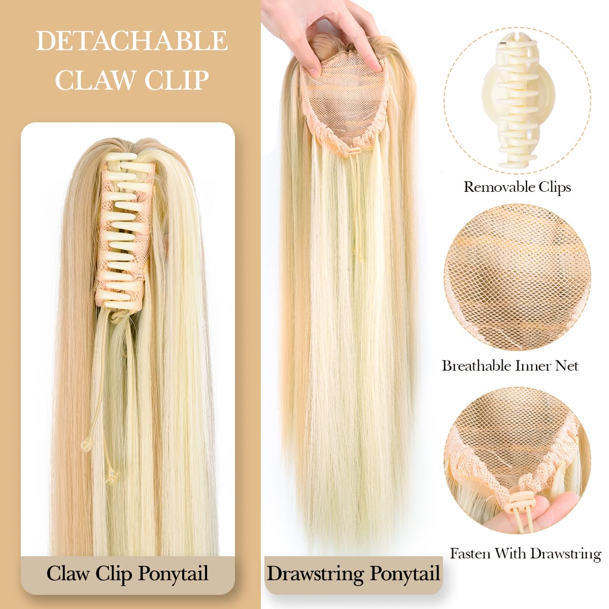 Extensiones de cabello sintético largo y liso con clip de garra, cola de caballo para mujer, 22 pulgadas, 4.59 ozpaquete, extensiones de cabello