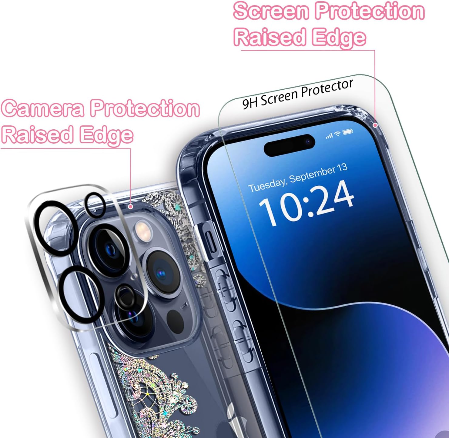 Coolwee Funda transparente antiamarillamiento con purpurina para Apple iPhone 15 Pro, 6.1 pulgadas, 6.6 pies, protección de grado militar, protector