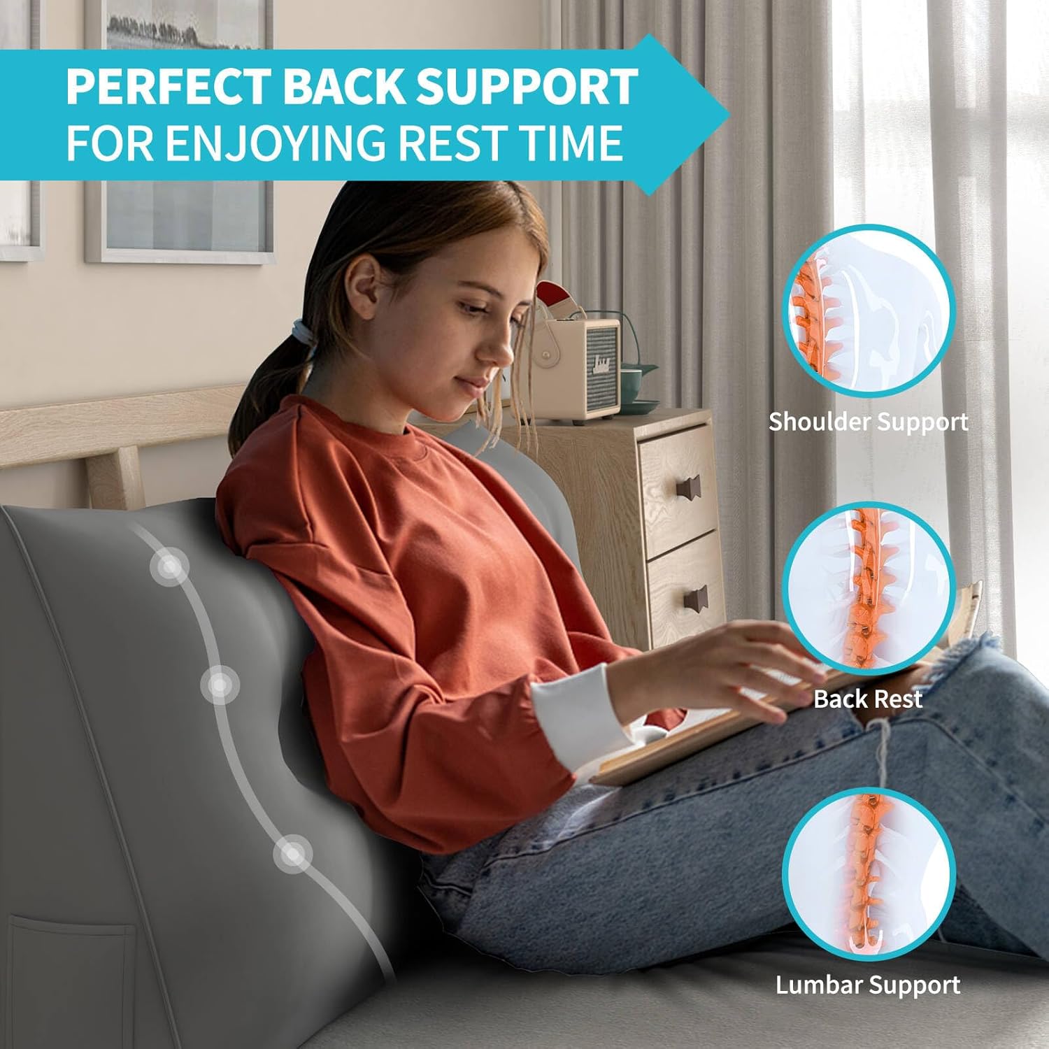 CECER Almohada de cabecera para cama individual, almohada triangular grande con dos bolsillos laterales, cojín largo de cuña para cama o mujer