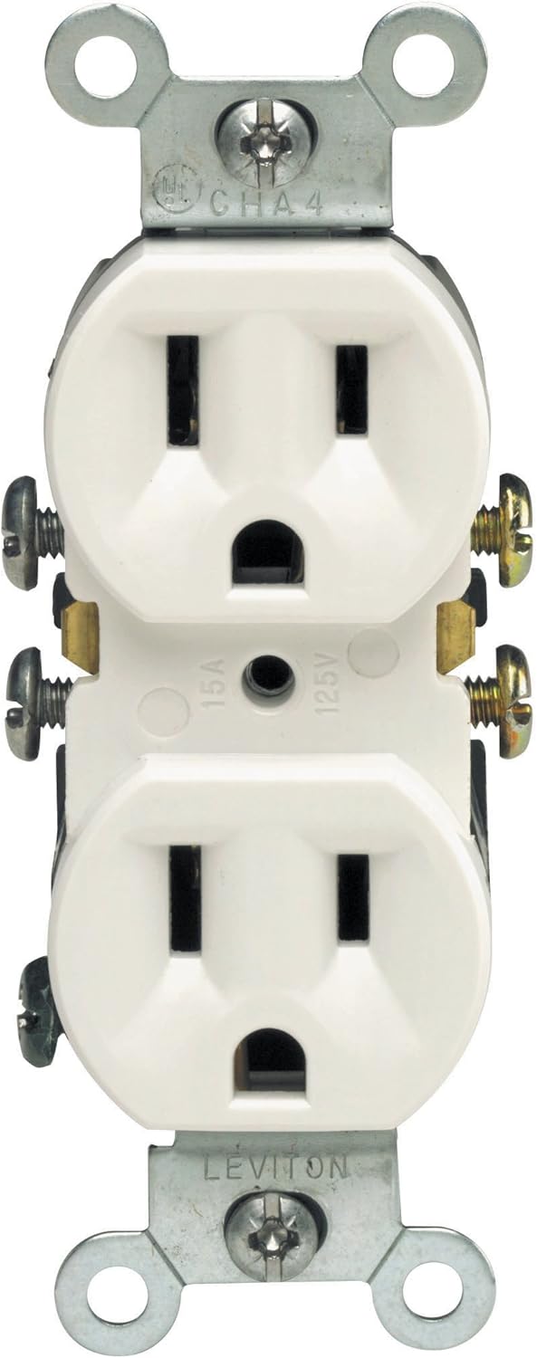 Tomacorriente doble de 15Amp, 125 voltios, de grado residencial, toma de tierra, todos los tornillos desajustados 5320, de Leviton, M24-05320-WMP,