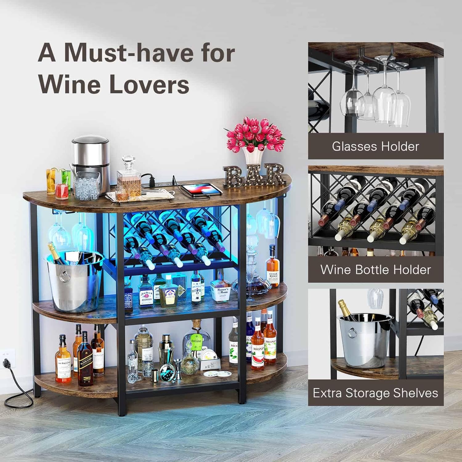 Zarler Armario de mesa de bar con toma de corriente, gabinete LED para el hogar, mini bar para licor, soporte de metal para bar de vino con