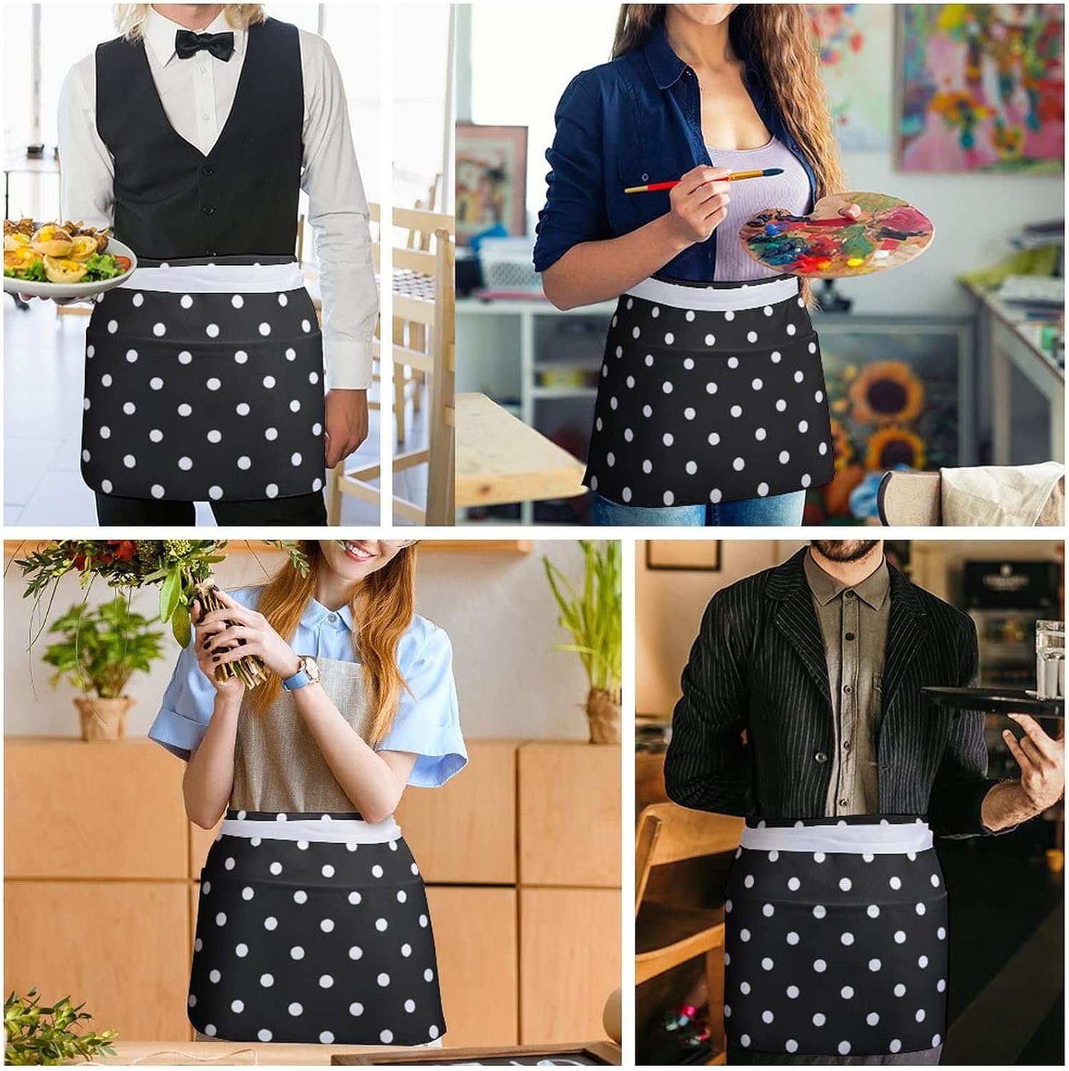 Delantales de cintura con patrón simple de lunares en blanco y negro con 3 bolsillos, para camarera, chef, medio delantal para mujeres, hombres,