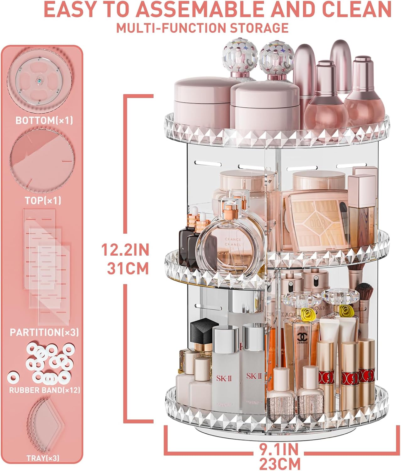 Organizador de maquillaje giratorio de 360 grados con 3 capas ajustables, organizadores de cuidado de la piel para perfumes cosméticos,
