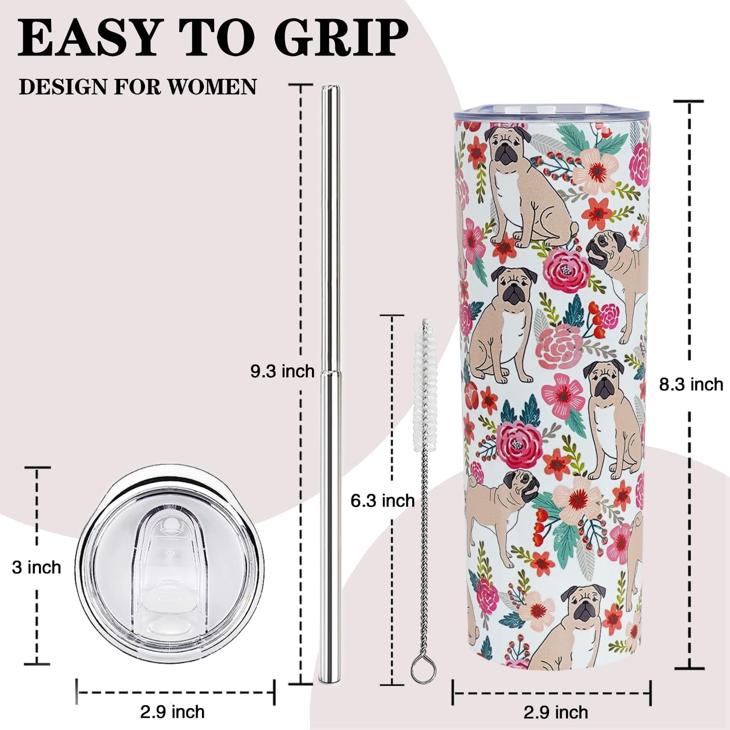 Vaso de viaje aislado de acero inoxidable de 20 onzas, diseño de pug con tapa y popote