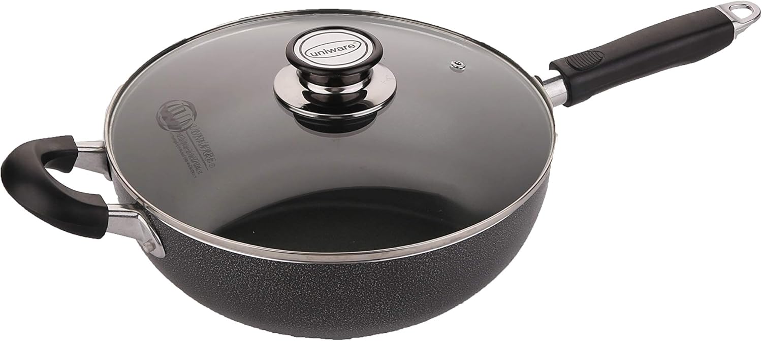 UNIWARE Sartén antiadherente de 10.2 pulgadas con tapa de vidrio templado, color negro (10.2 in)