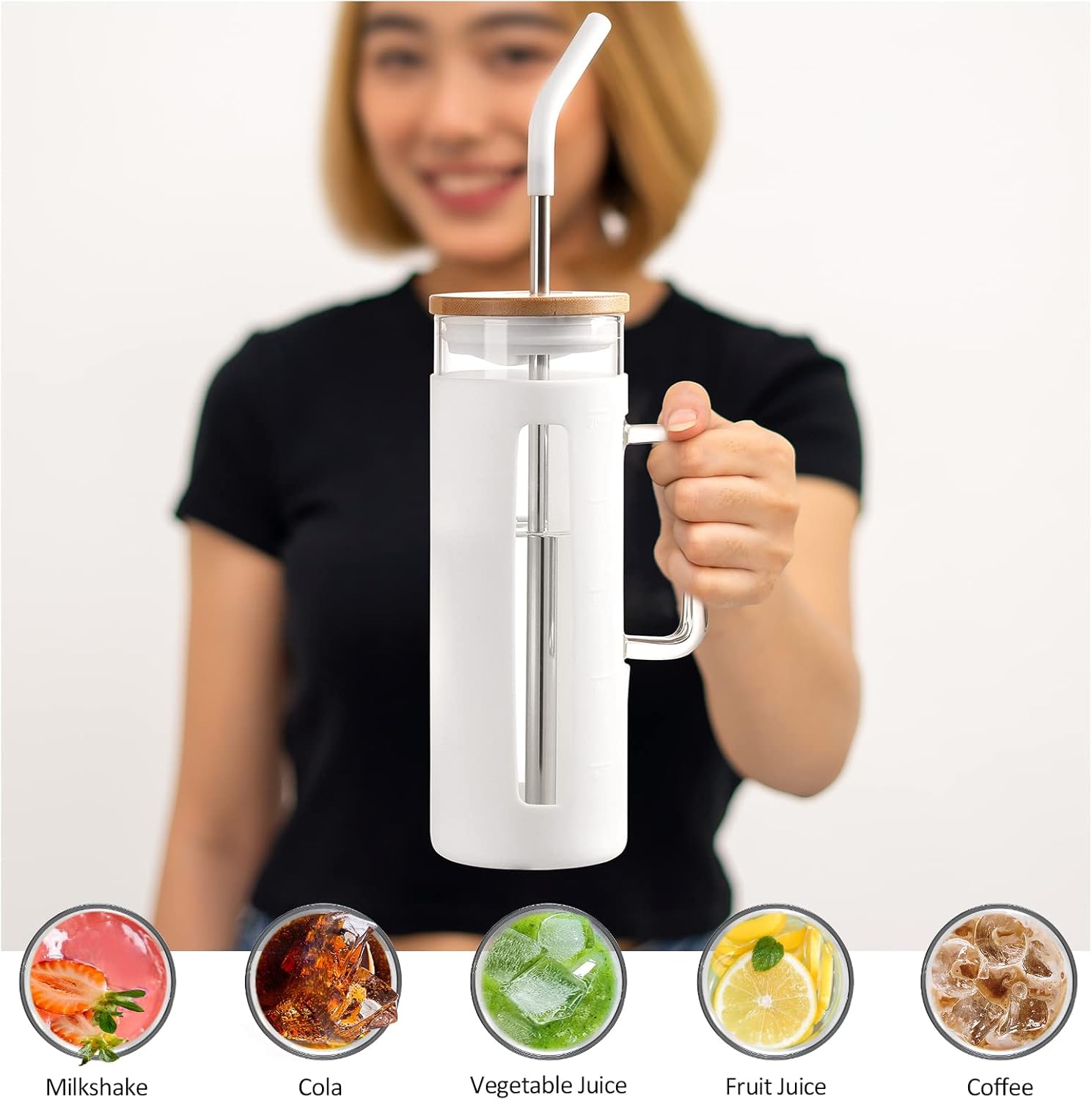 Kodrine Vaso con tapa y pajilla, vaso de café de vidrio de 20 onzas con asa, taza para batidos con tapa de bambú, marcador de tiempo, funda