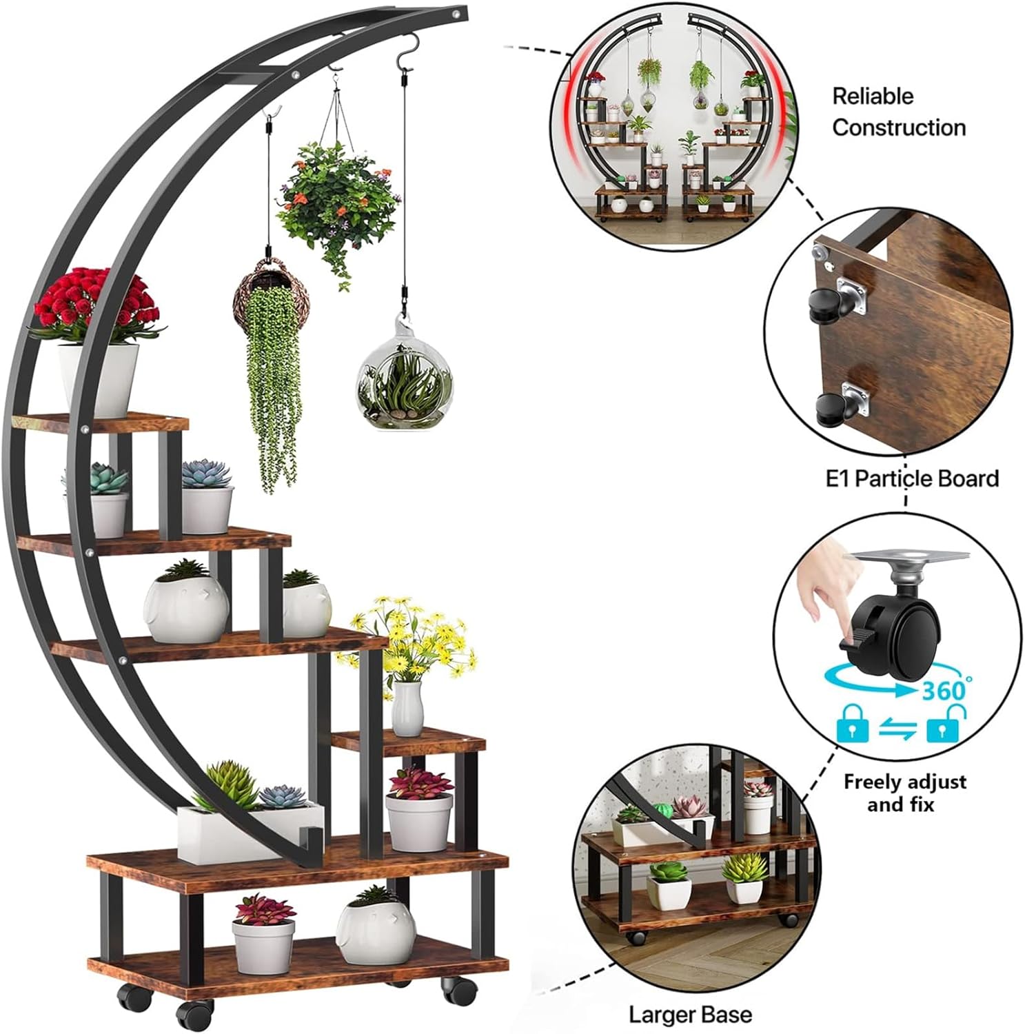 Soporte redondo para plantas, estante de exhibición de 5 niveles para interiores y exteriores con ruedas desmontables, soporte para plantas de