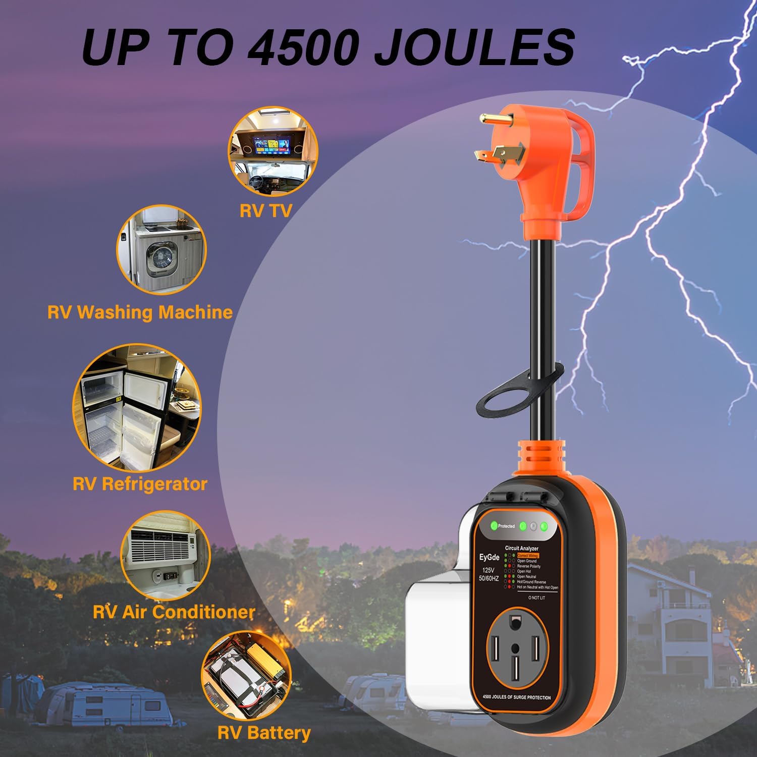 EyGde Adaptador RV de 30 amperios a 50 amperios con protector de sobretensiones impermeable, patentado TT-30P macho a 14-50R hembra, analizador de