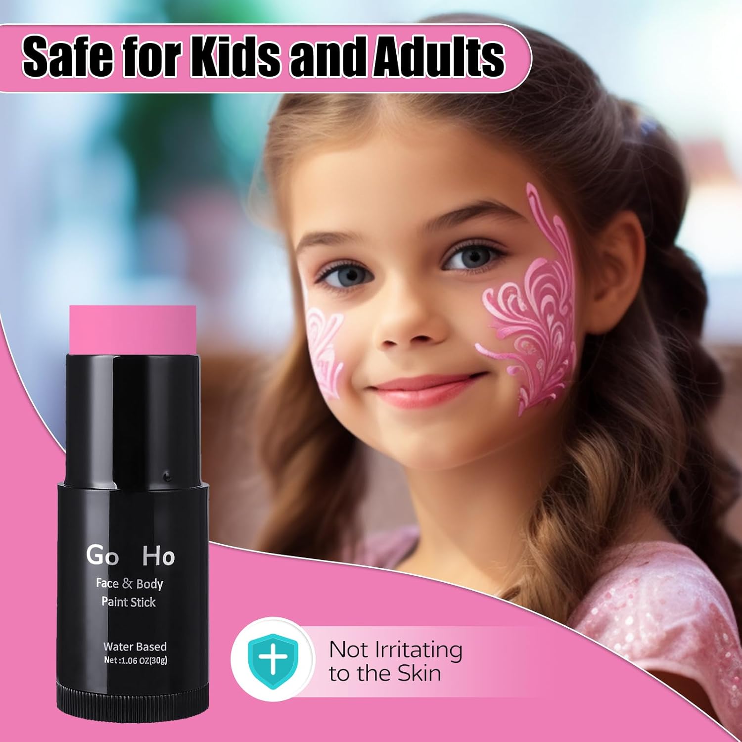 Go Ho Pintura facial rosa intensa, a base de agua, lavable, color rosa intenso, no tóxica, cobertura completa, color rosa crema, pintura corporal