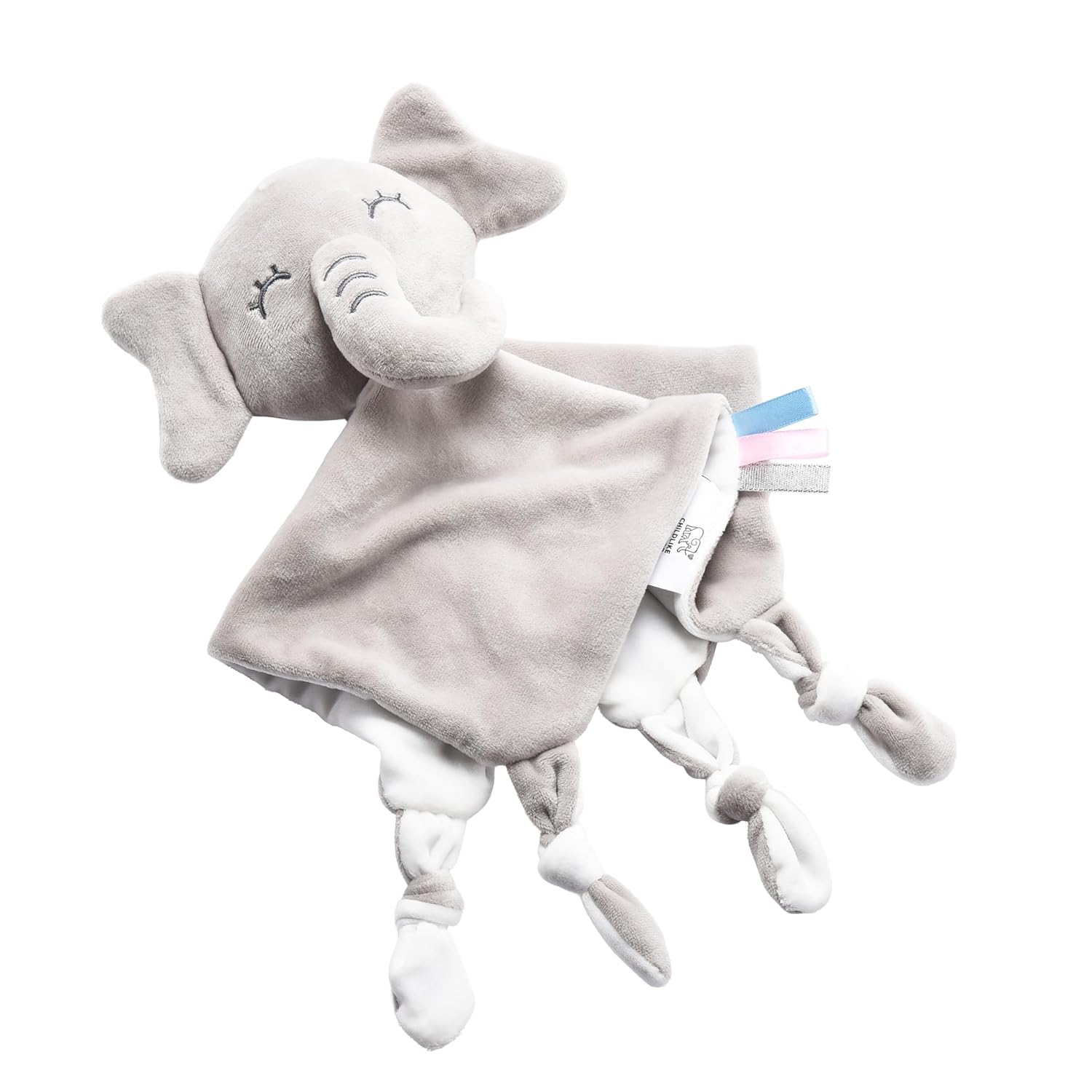 CHILDLIKE BEHAVIOR Manta de mordedor para bebé, diseño de elefante gris, 14 x 14 pulgadas, manta de seguridad para bebés, manta ultrasuave de