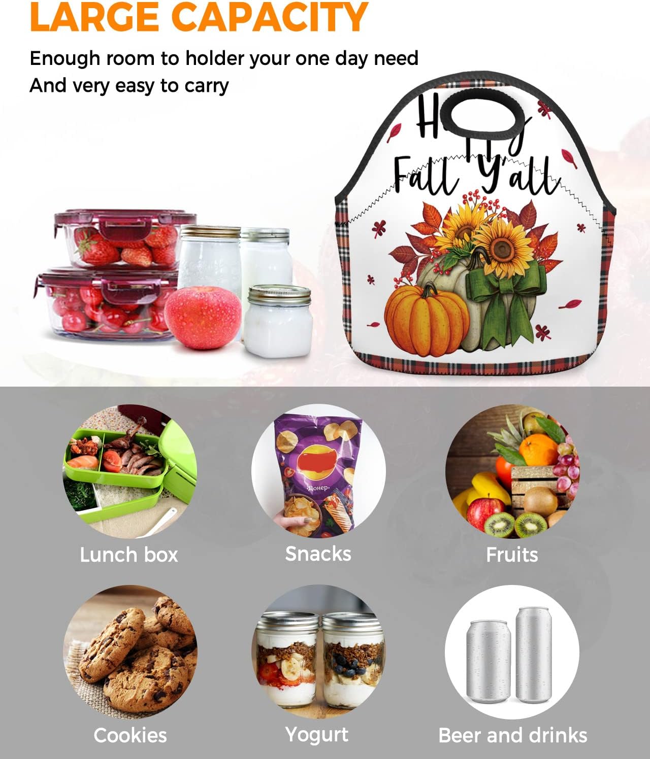 Reusable Neoprene Lunch Bag, Happy Fall Y’all Sunflowers Pumpkin Buffalo Plaid Soft Thermal Meal Tote, Lightweight Washable Insulated Lunch Pouch