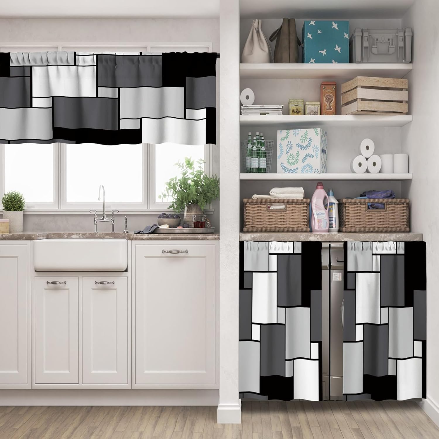 FYATHM Juego de 3 cortinas de cocina color negro y gris para ventanas, cenefa y juego de niveles de 36 pulgadas, moderno con bolsillo para barra,