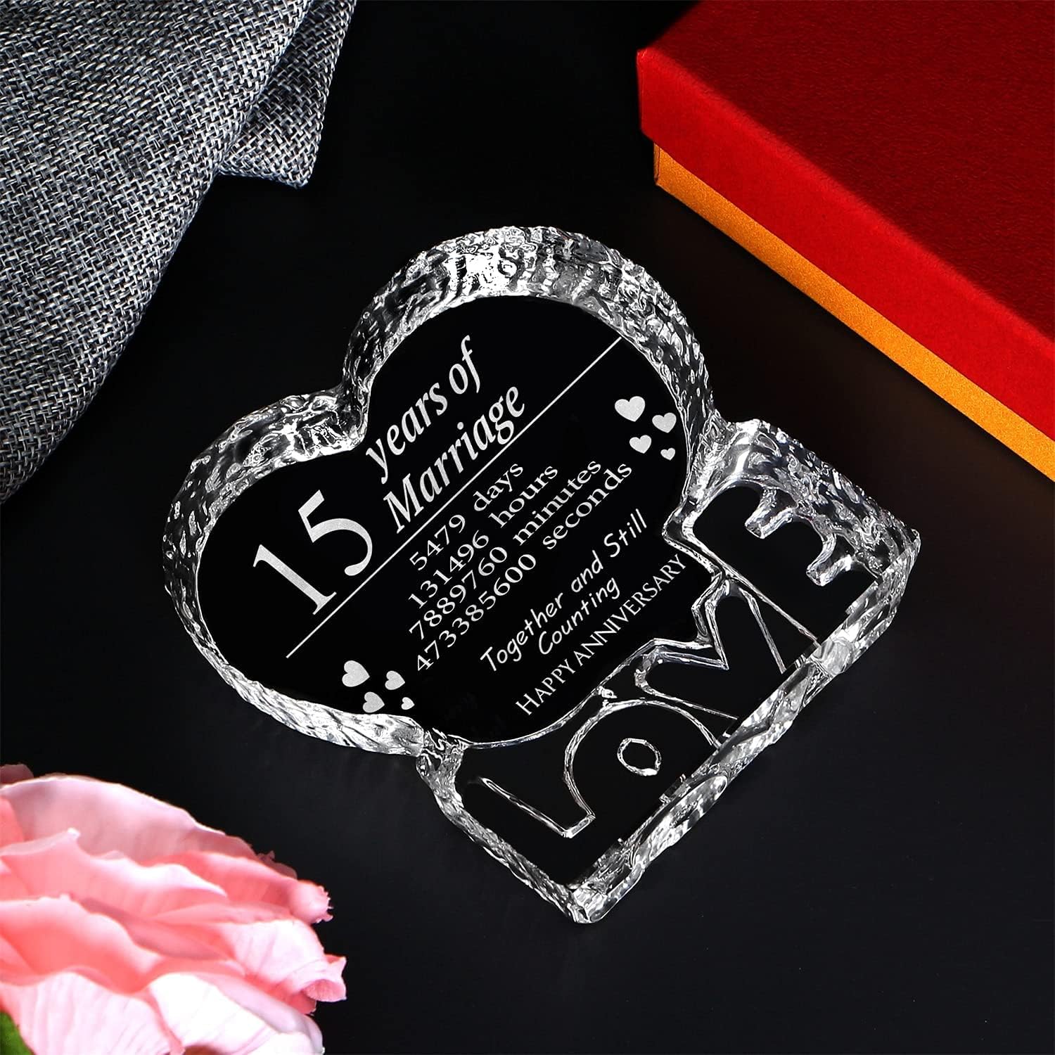 KWOOD Cristal grabado personalizado en forma de corazón, regalo de boda de 15 aniversario para parejas, esposa, novia, marido, novio (15 aniversario)