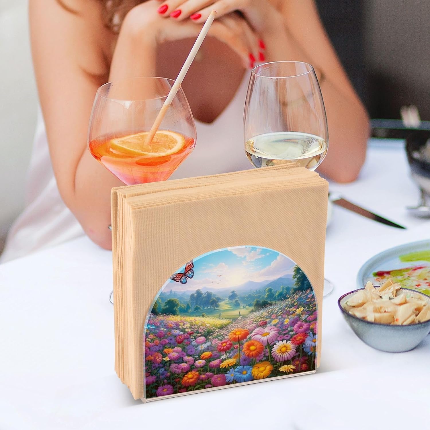 Napkin Holder Spring Flowers Butterflies Napkin Holders for Tables, Clear Acrylic Napkin Holders Cocktail Napkin Holder for Kitchen Restaurant Bar