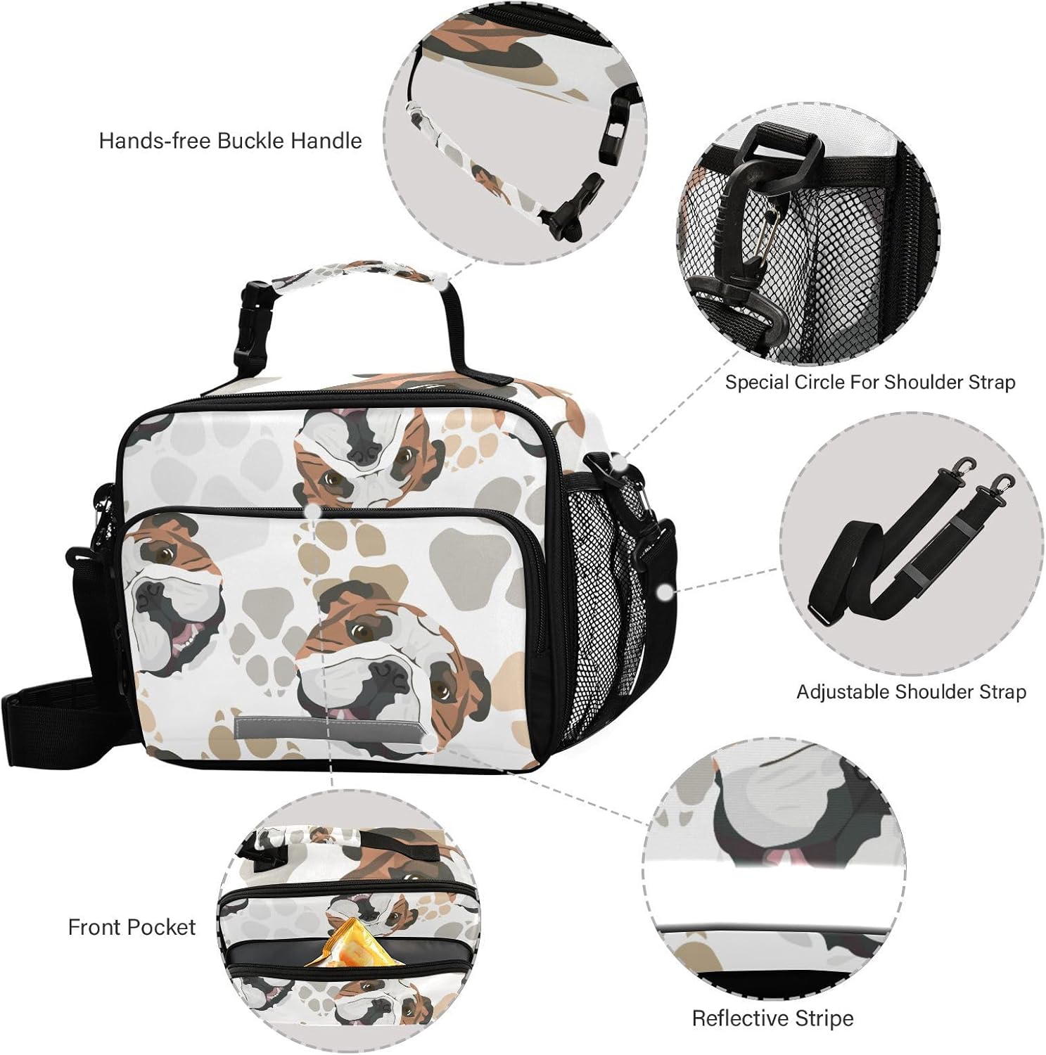 Bolsa de almuerzo para mujeres, con diseño de patas de perro, con aislamiento, bolsa de bulldog inglés con correa ajustable para el hombro, para