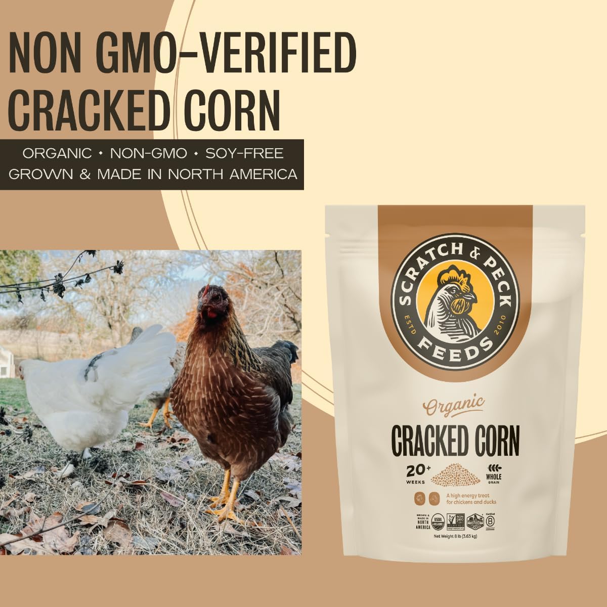 Scratch and Peck Feeds Cluckin’ Good Cracked Corn  8 libras  Suplemento de carbohidratos y proteínas para pollo  Proyecto orgánico y sin OMG
