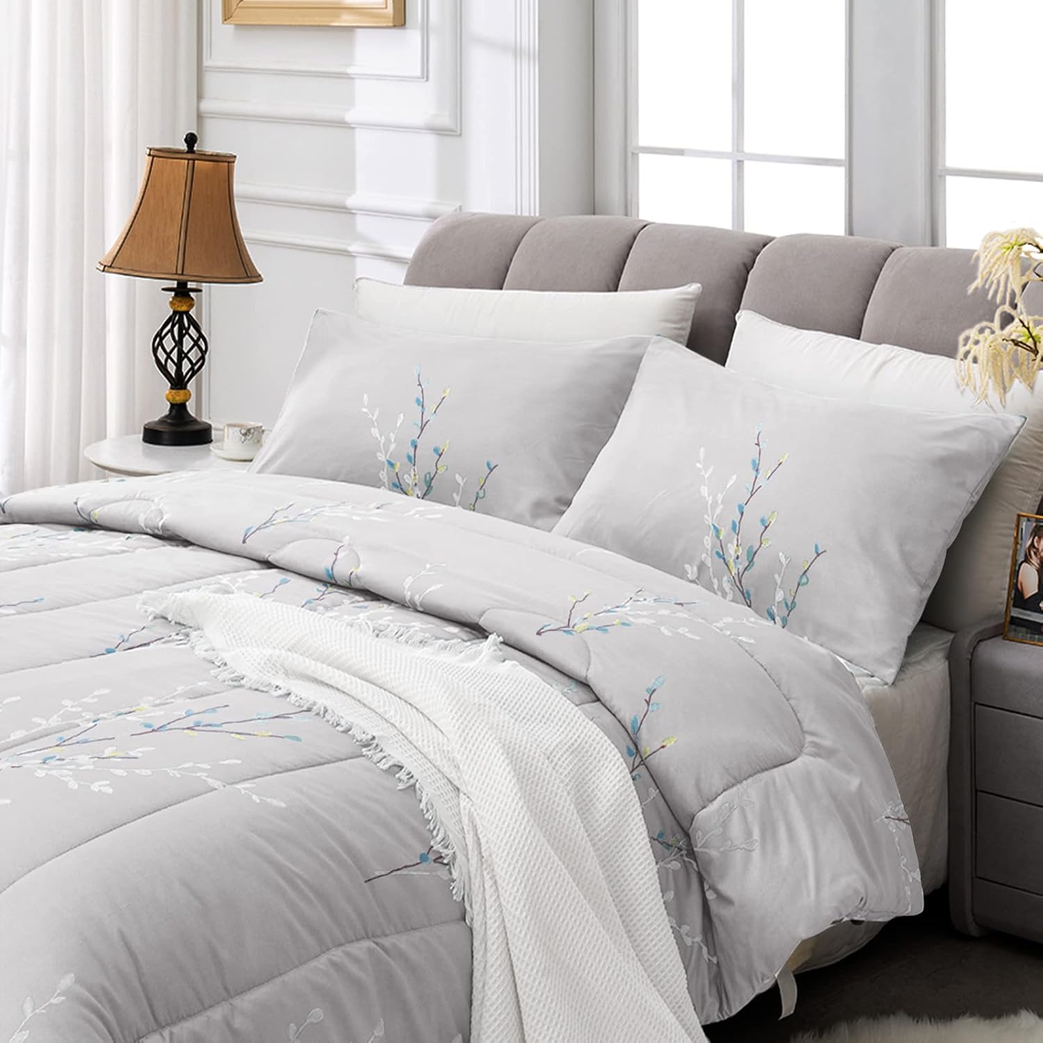 Exclusivo Mezcla Juego de edredón de 3 piezas, edredón alternativo de microfibra para todas las estaciones con 2 fundas de almohada, patrón floral,