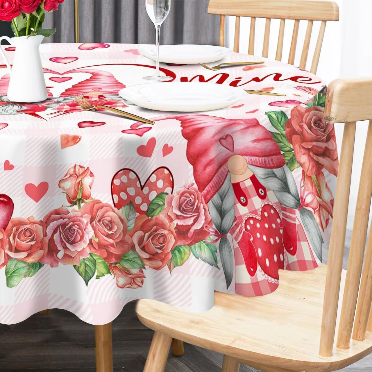 Mantel redondo de San Valentín, mantel redondo de 52 pulgadas, diseño de gnomos de San Valentín con corazones y rosas de amor a cuadros, decoración