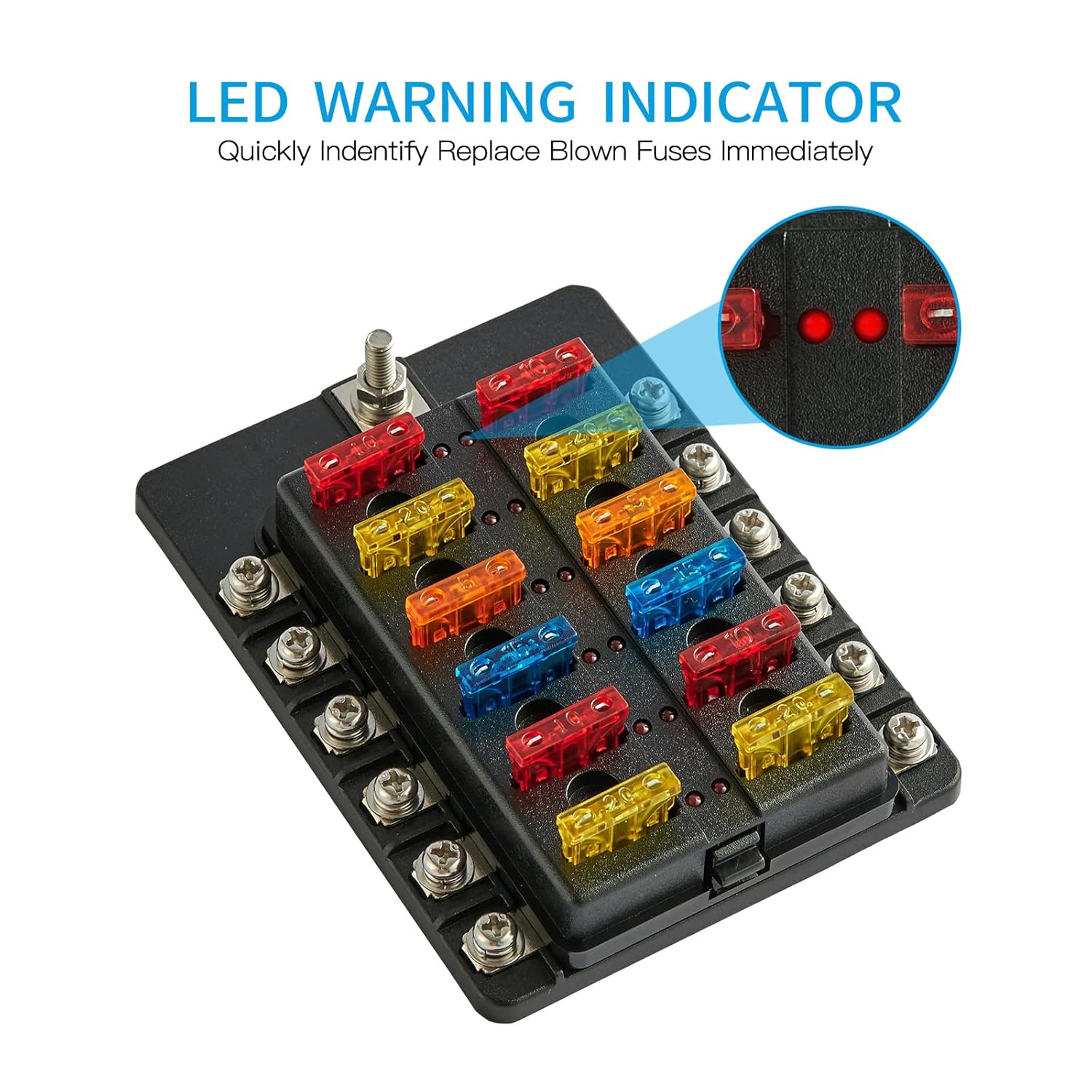Soyond Bloque de fusibles de 12 voltios, caja de fusibles impermeable con indicador LED, cubierta a prueba de humedad para automóvil DC 12-24 V con