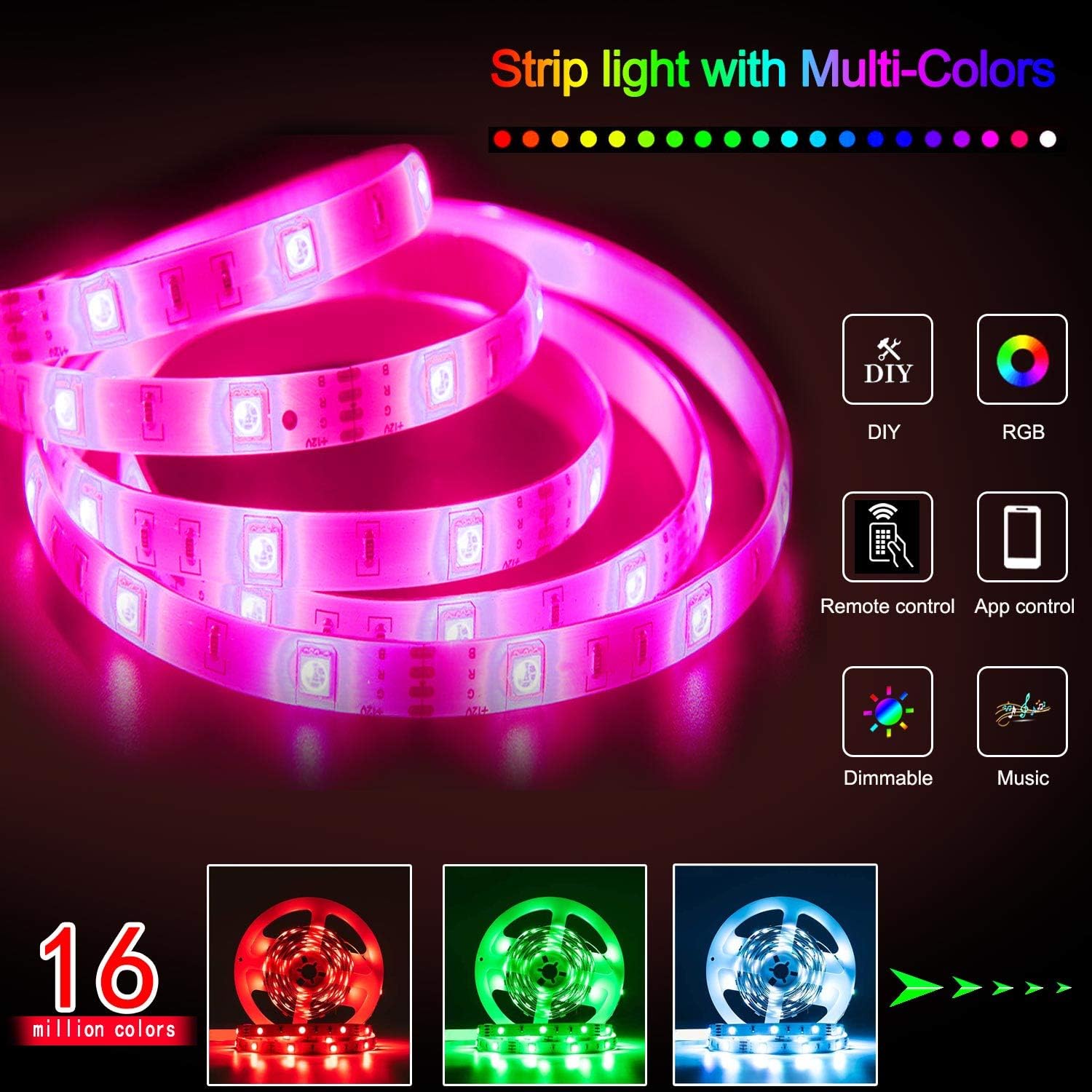 Tira de luces LED, tiras de luz LED de 65.6 pies, multicolor, 5050 luces de cinta LED, sincronización de música, cambio de color, control remoto,