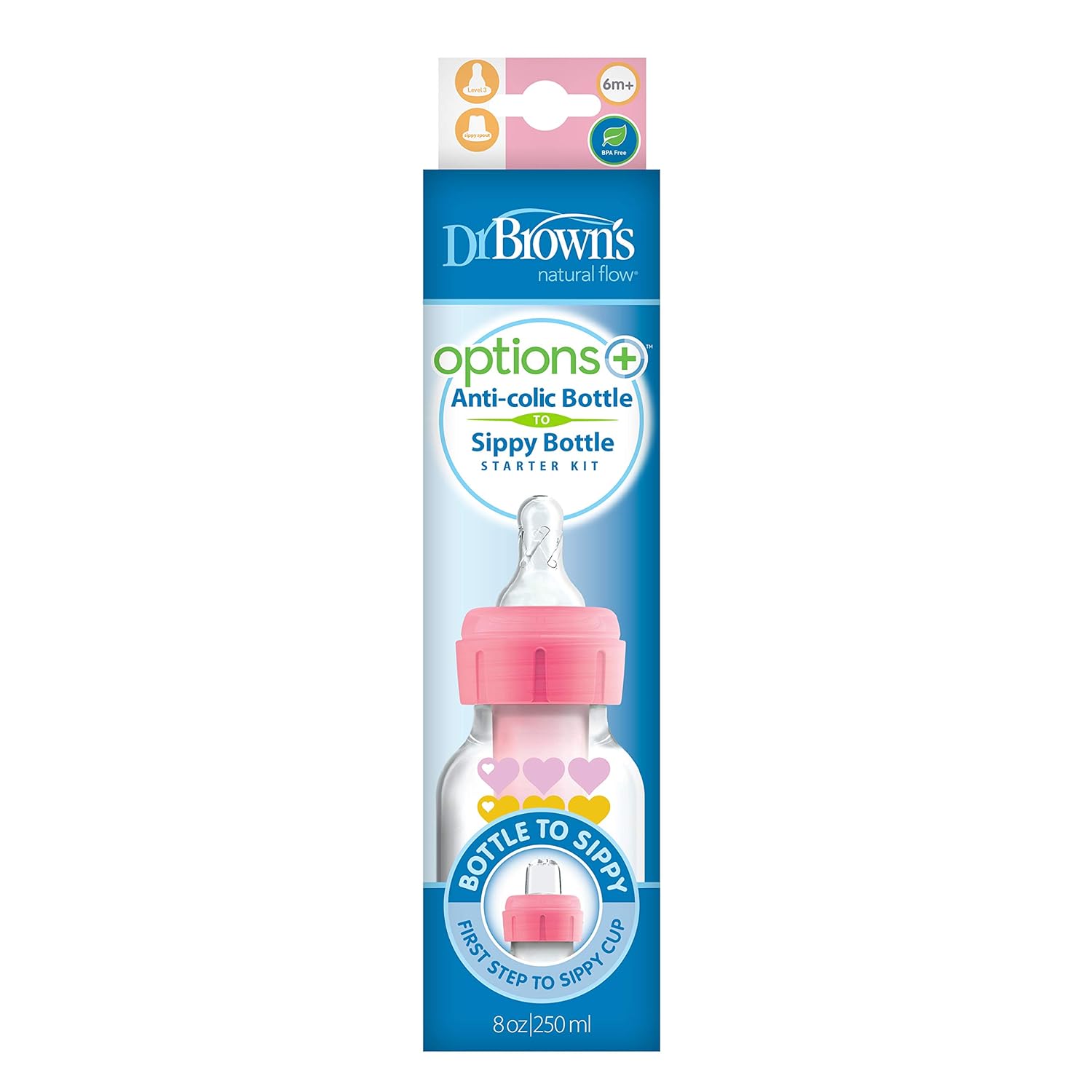 Dr. Brown’s Natural Flow Anti-Colic Options+ – Kit de inicio de botella para sorber estrecho, 8 onzas, con boquilla de flujo medio rápido nivel 3 y