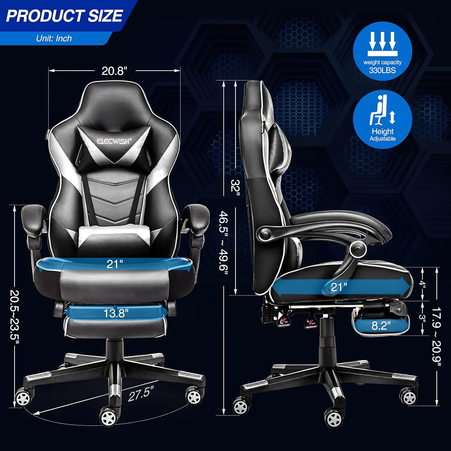 ELECWISH Silla de juegos de computadora con reposapiés, silla ergonómica para adultos, silla de escritorio giratoria ajustable con respaldo alto con
