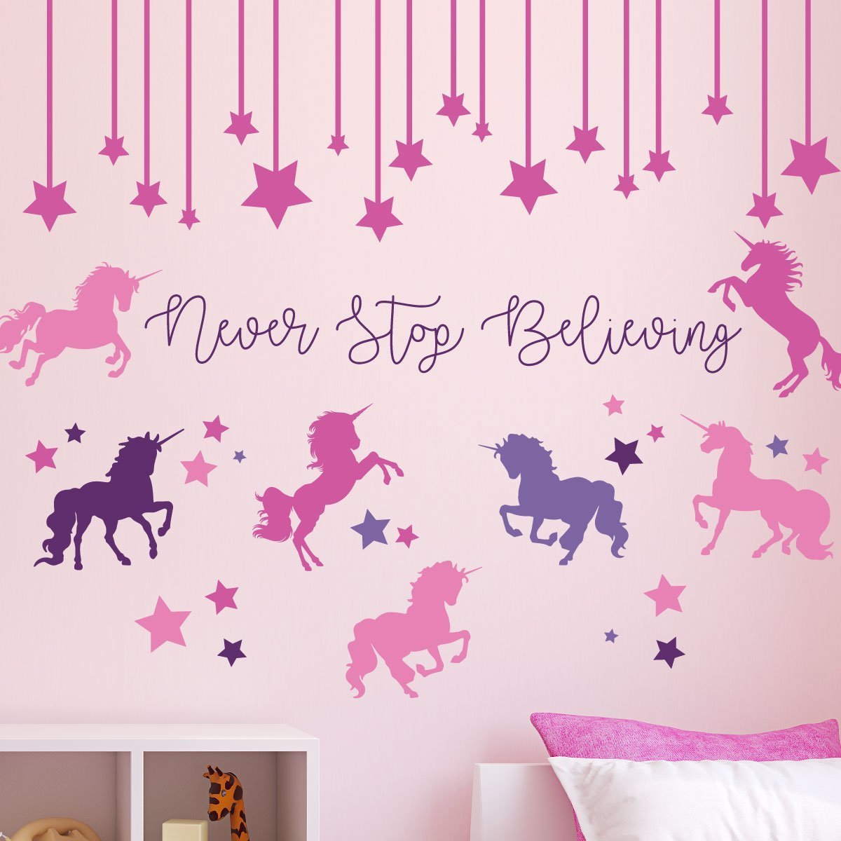 Unicorn Stickers for Kids Room – Never Stop Believing Magical Themed Wall Decor – Vinyl Mural for Girls or Boys Bedroom, Baby Nursery, or Playroom