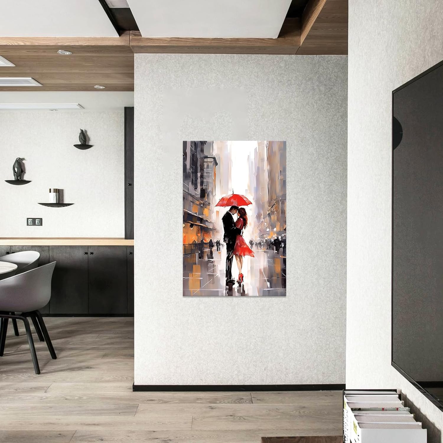 Pintura en lienzo para decoración de pared, amantes de París con paraguas rojo, arte de pared, impresiones románticas en lienzo para dormitorio,