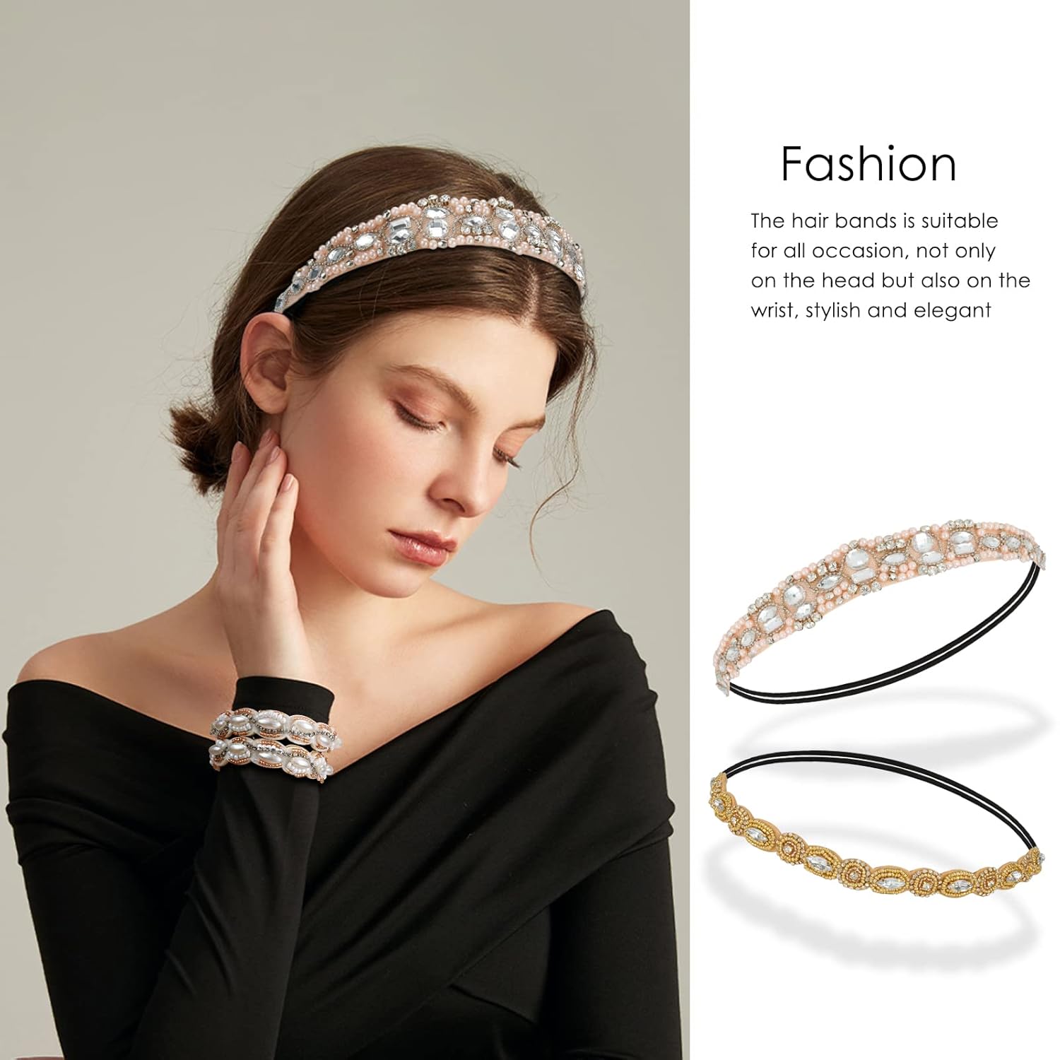 AMCAMI 5 diademas de cuentas con perlas y diamantes de imitación para mujer, bandas para la cabeza con cuentas brillantes, diademas hippie para