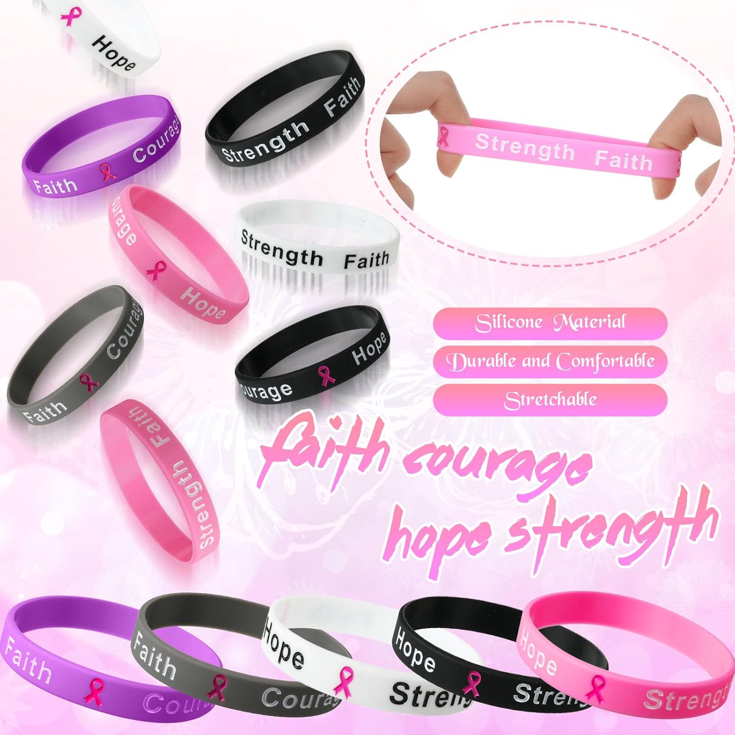 Kigeli 100 pulseras de silicona con cinta rosa para concienciación sobre el cáncer de mama, pulsera de apoyo inspiradora para suministros de fiesta