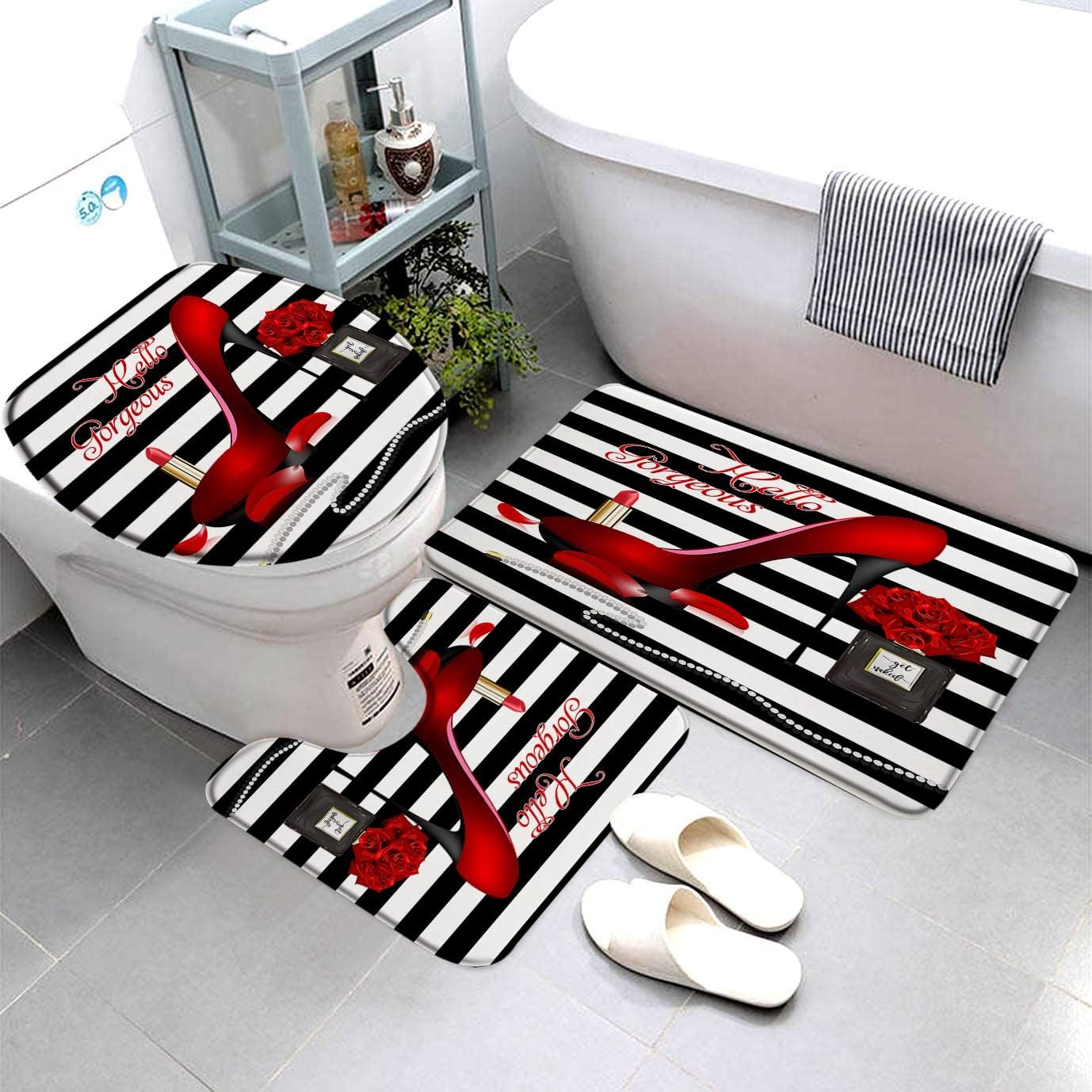Juego de 3 alfombrillas de baño de rayas blancas y negras, alfombra de baño, botella de perfume de flores de rosa roja, tacones altos, diseño
