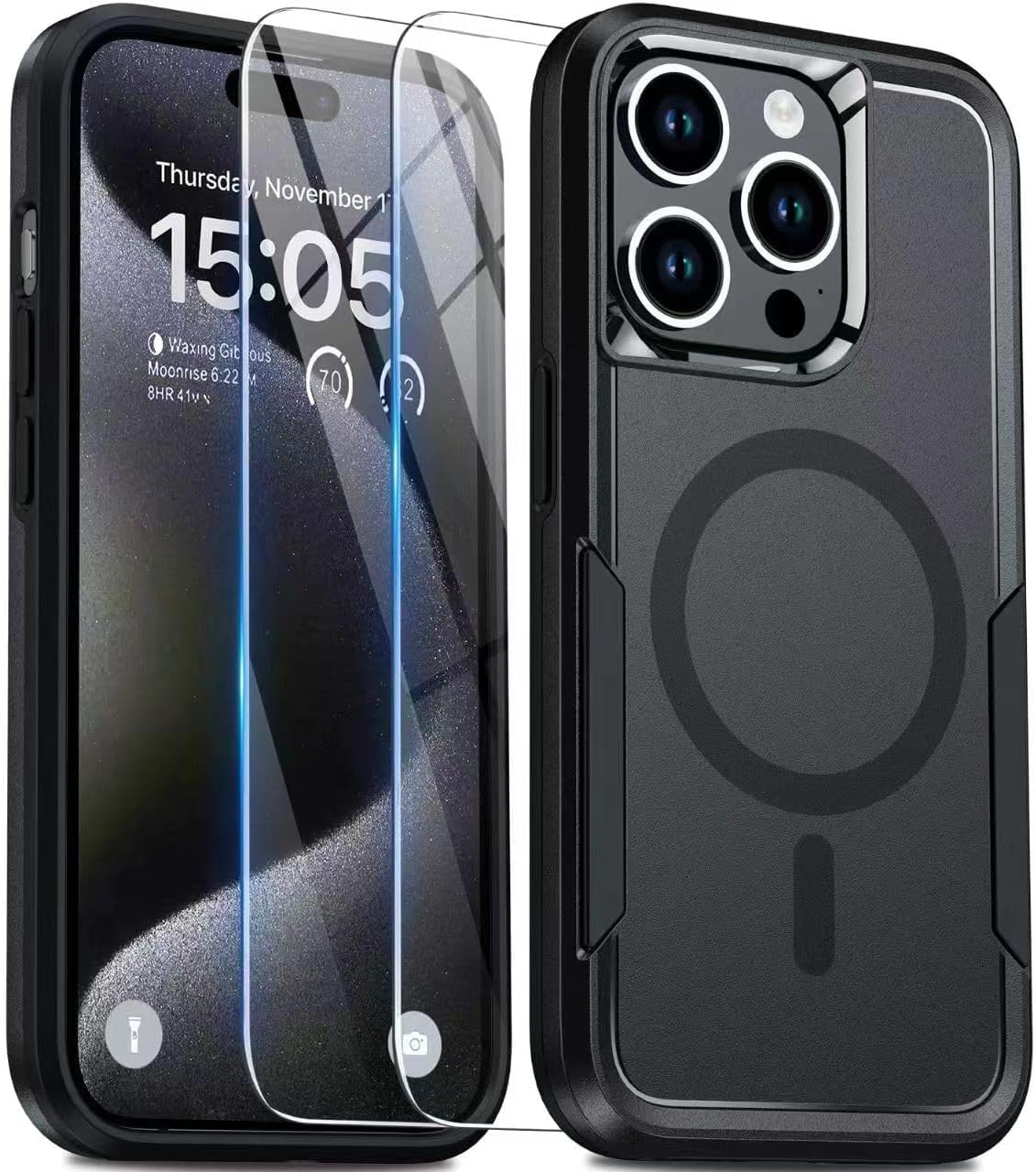 Funda diseñada para iPhone 15 Pro, 2 protectores de pantalla, compatible con MagSafe, protección militar de 15 pies, doble capa, resistente y