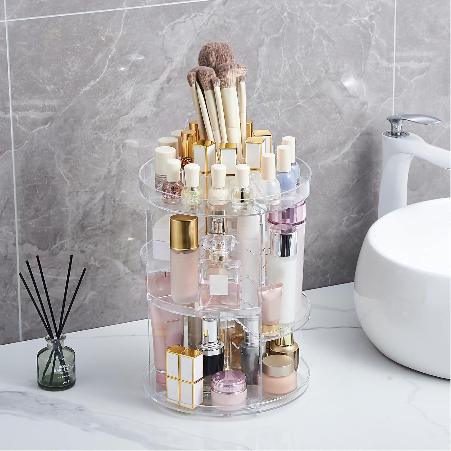SUNFICON Organizador de maquillaje giratorio con rotación de 360 grados, 50 calcomanías brillantes de Navidad, 500 calcomanías de Navidad doradas