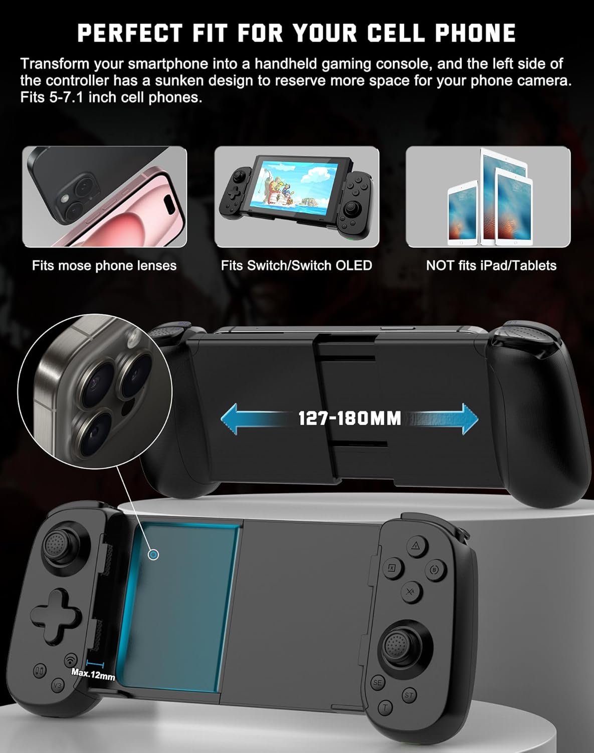 Joso Phone Controller for iPhoneAndroidPC, D6 Wireless Game Controller for SwitchPS3PS4 with Hall JoystickTurbo6-Axis GyroDual Motor, iOS Android
