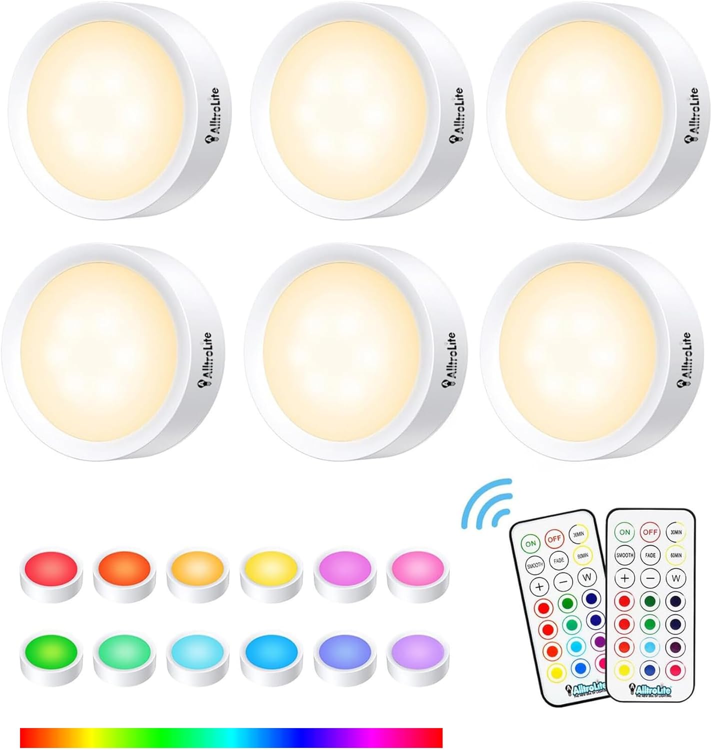 AlltroLite FA7835 Color Changing LED Puck Lights with 2 Remotes (6 Pack)  13 RGB Colors Changing Battery Operated Lights for Under Cabinets with